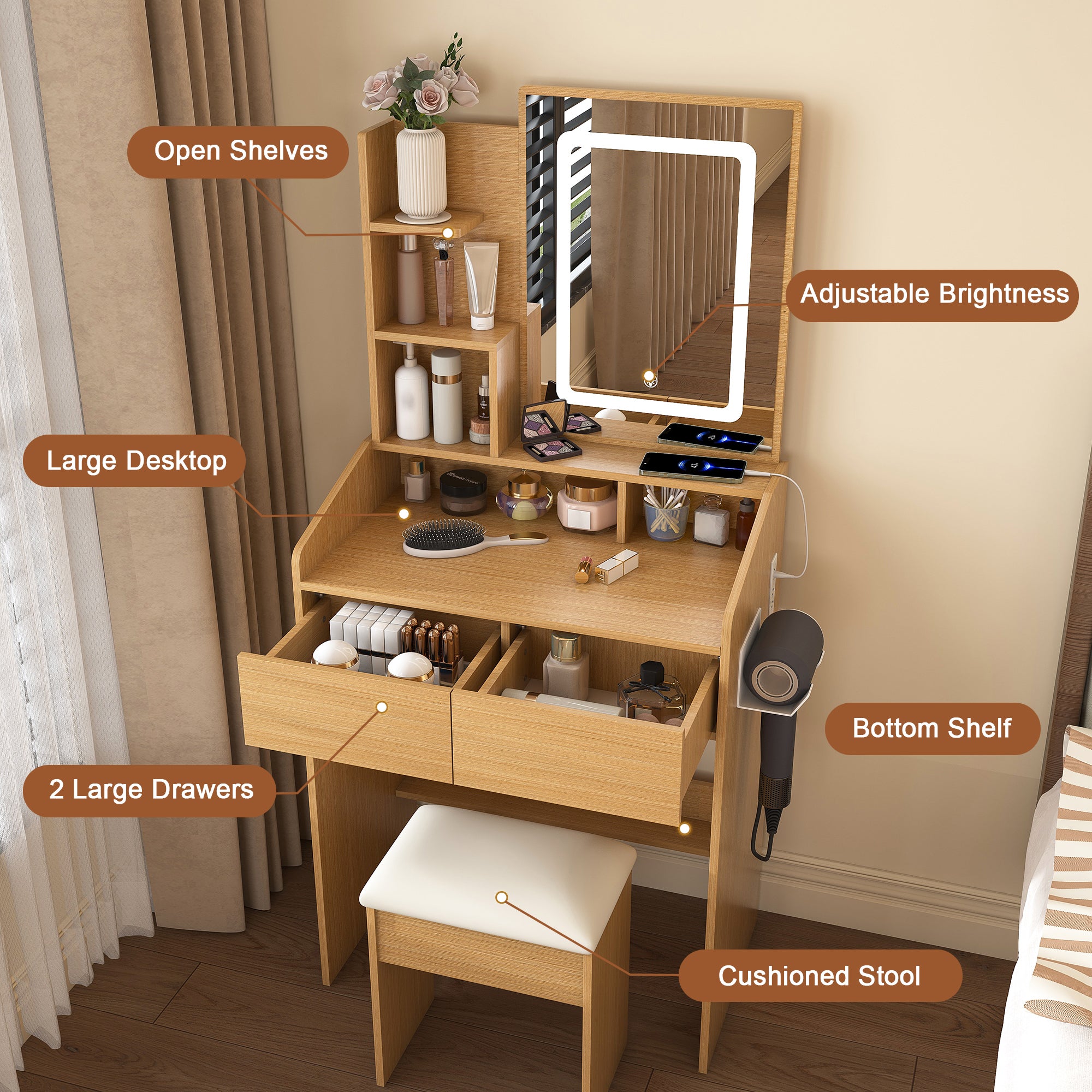 Multi-functional compact dressing table for a small bedroom