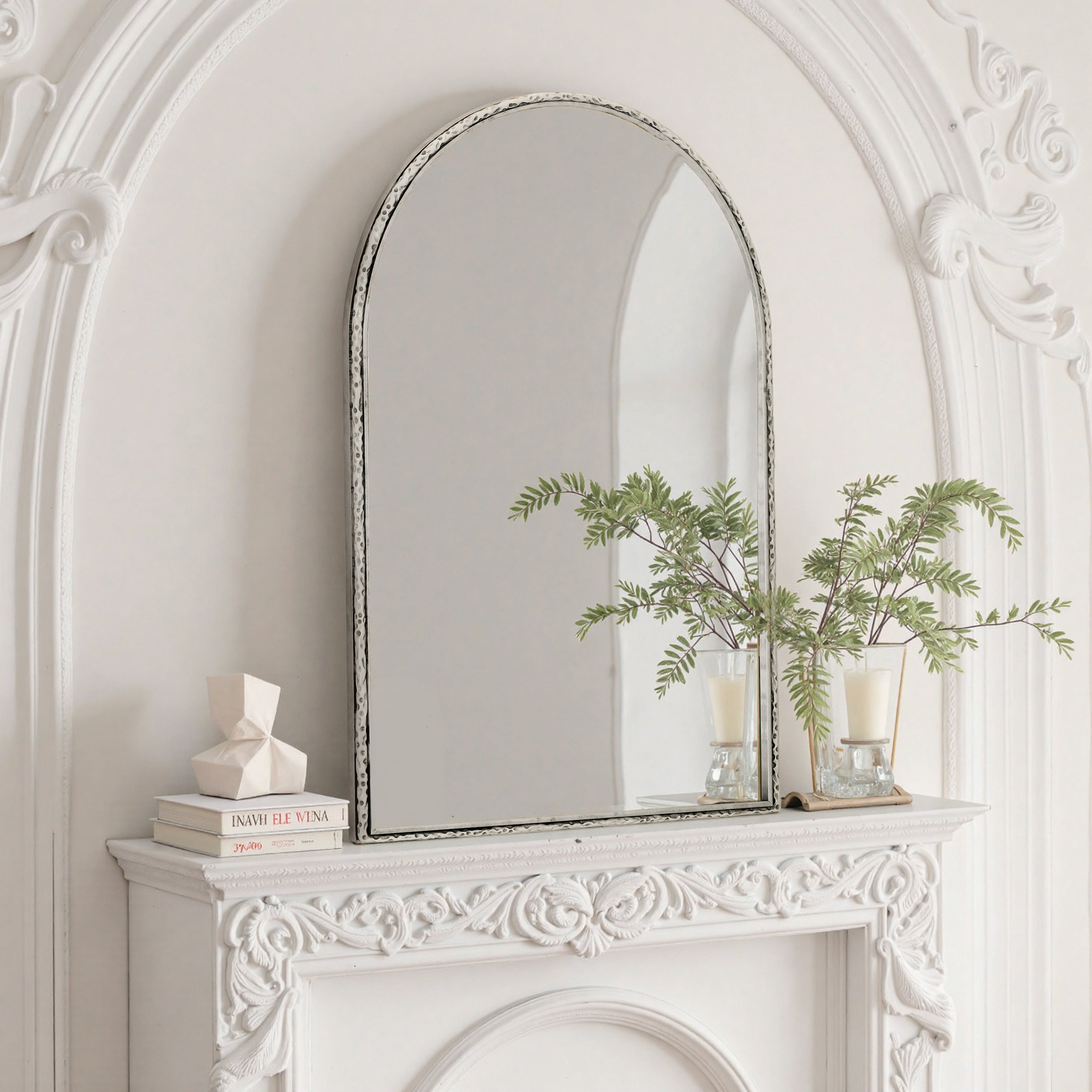 Silver arched mirror with tempered glass and a metal frame