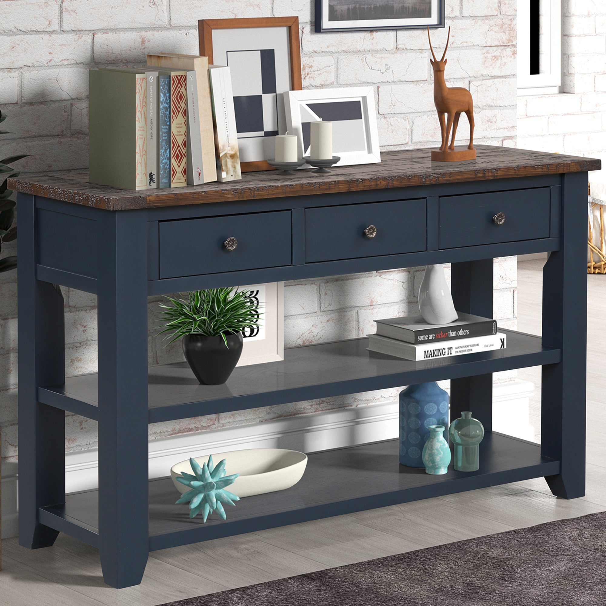 Modern solid pine top control console table(blue)
