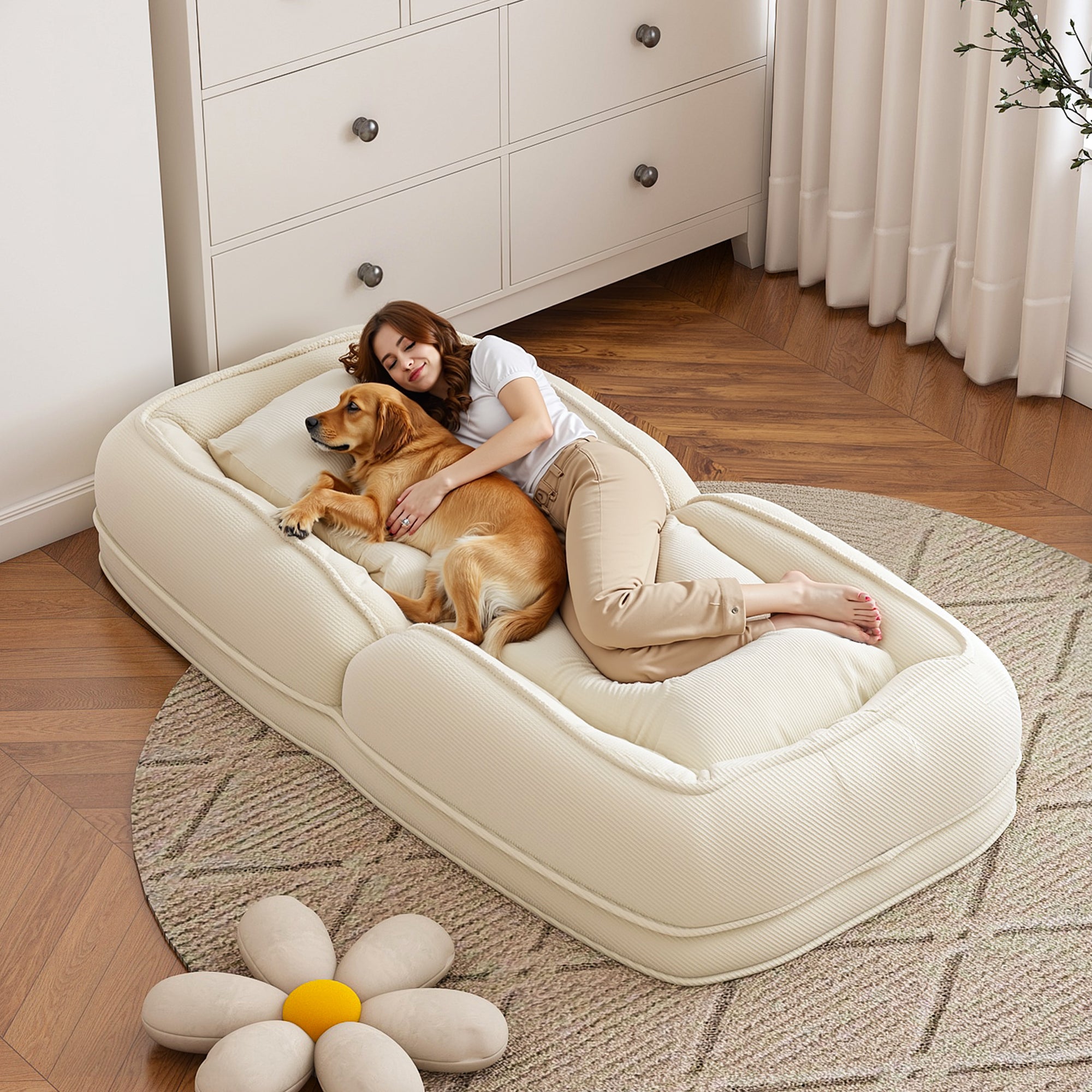 Foldable white sofa bed with soft cushions for people and pets