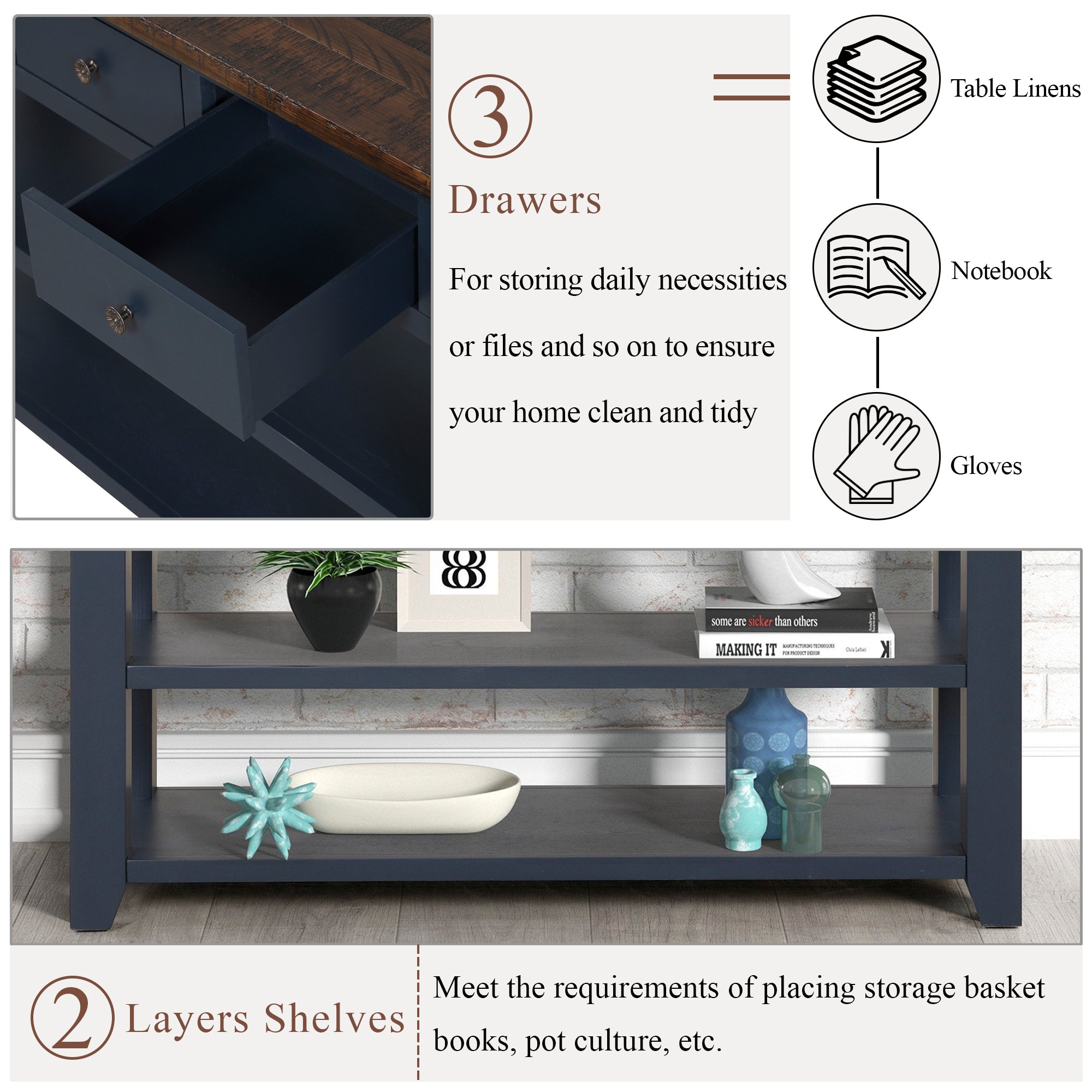 Modern solid pine top control console table(blue)