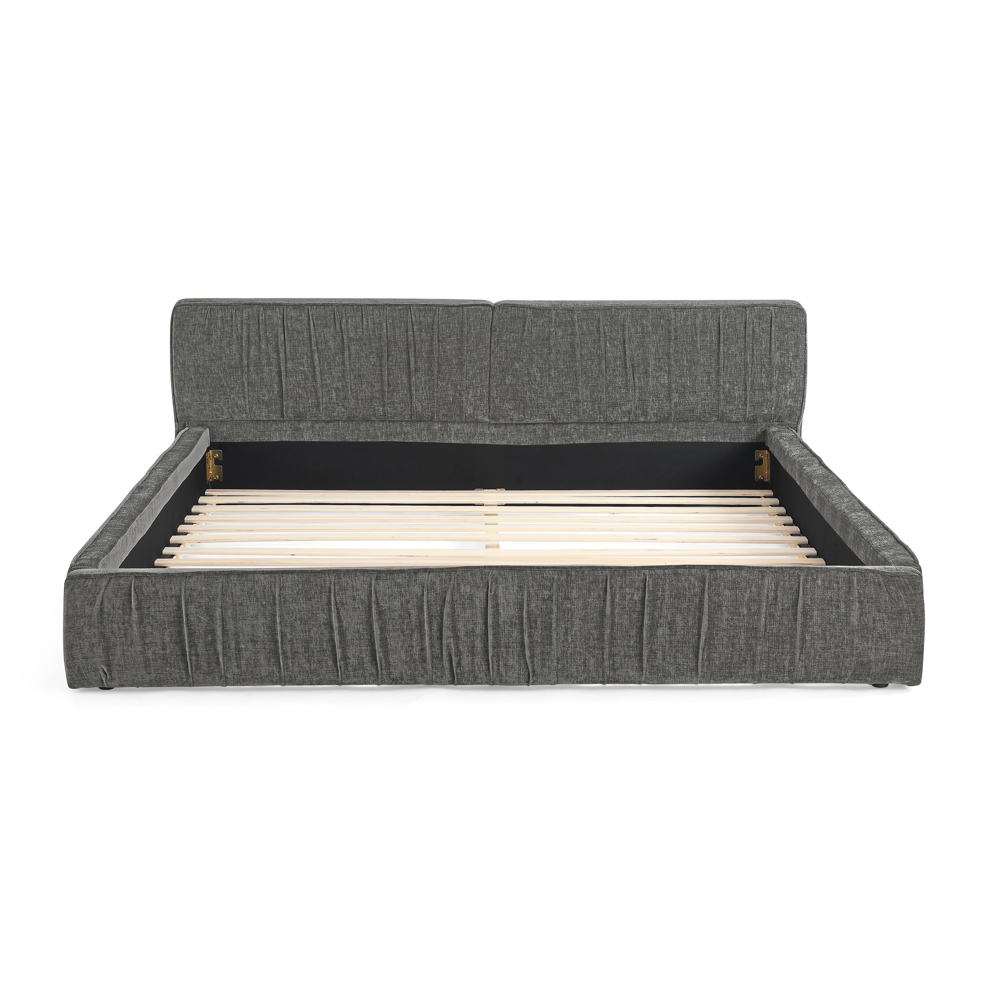 The large grey padded bed frame is designed with Chenille fabric