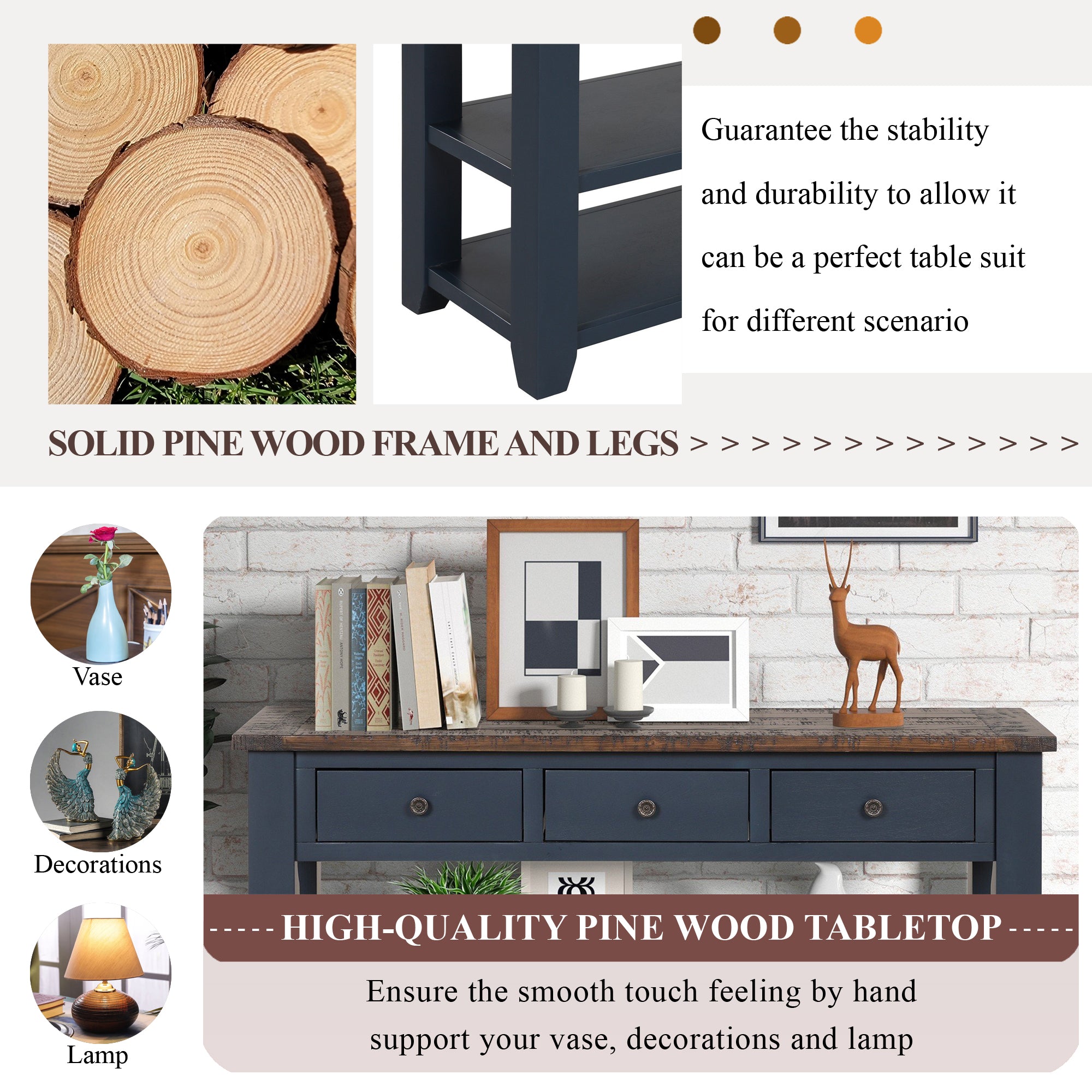 Modern solid pine top control console table(blue)