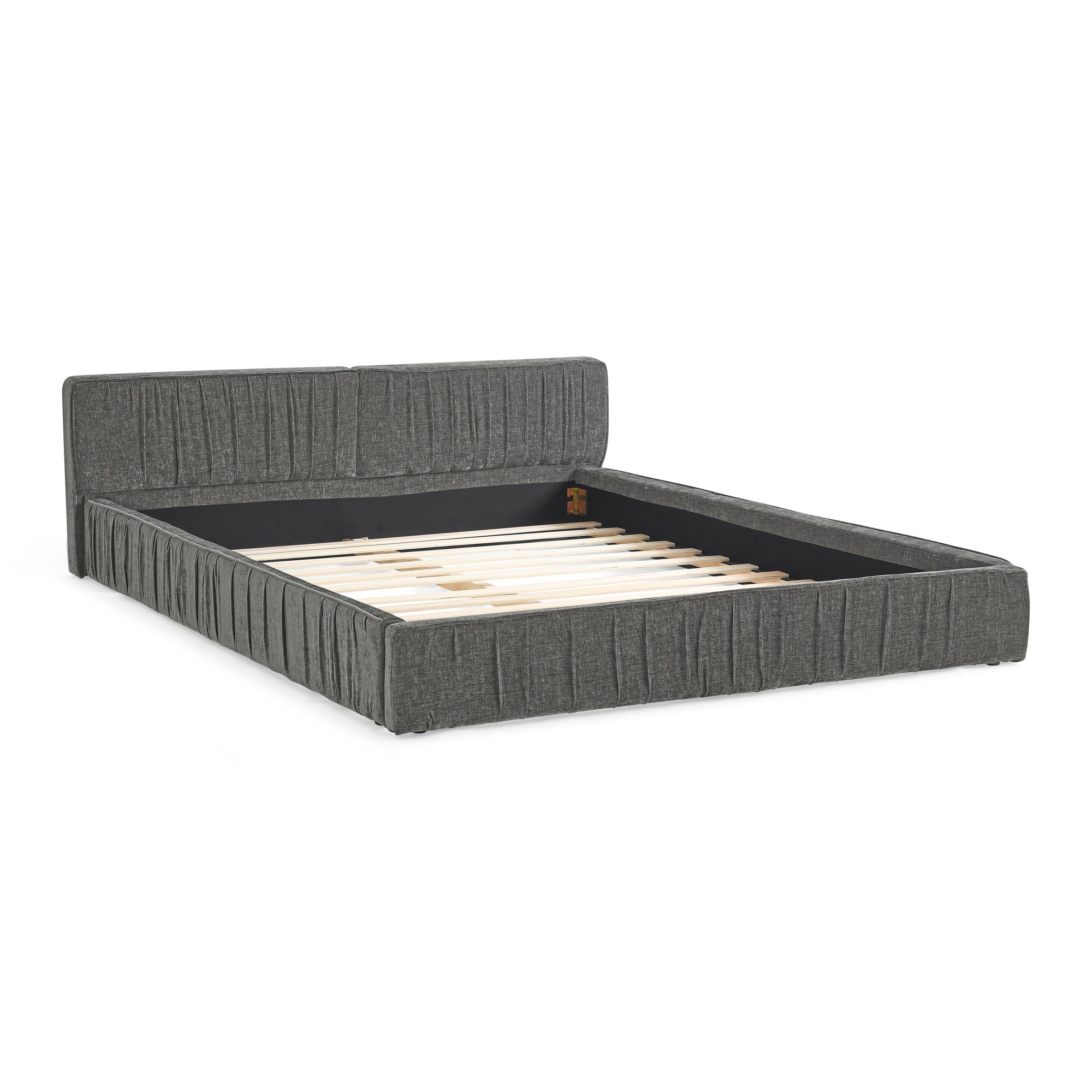 The large grey padded bed frame is designed with Chenille fabric
