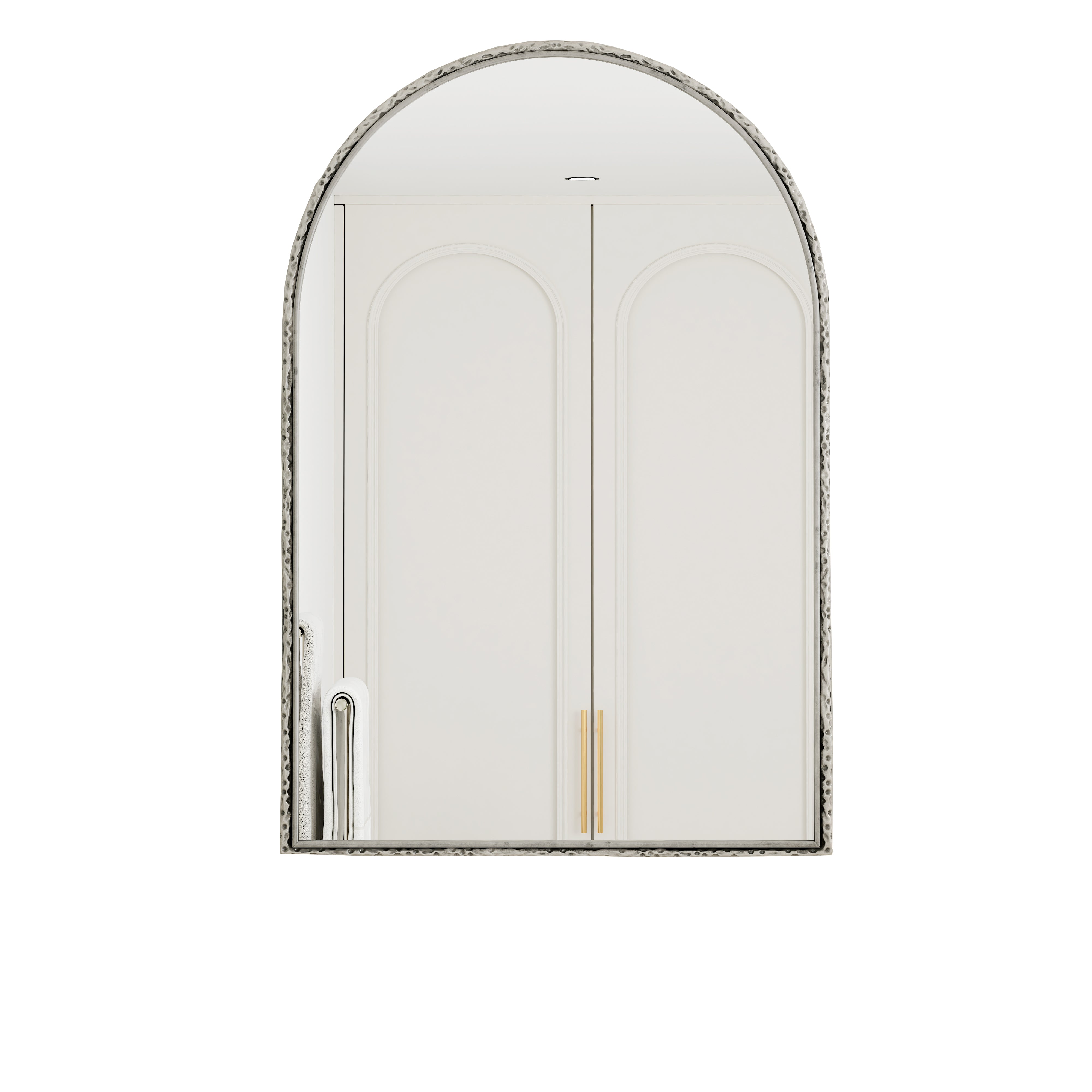 Silver arched mirror with tempered glass and a metal frame