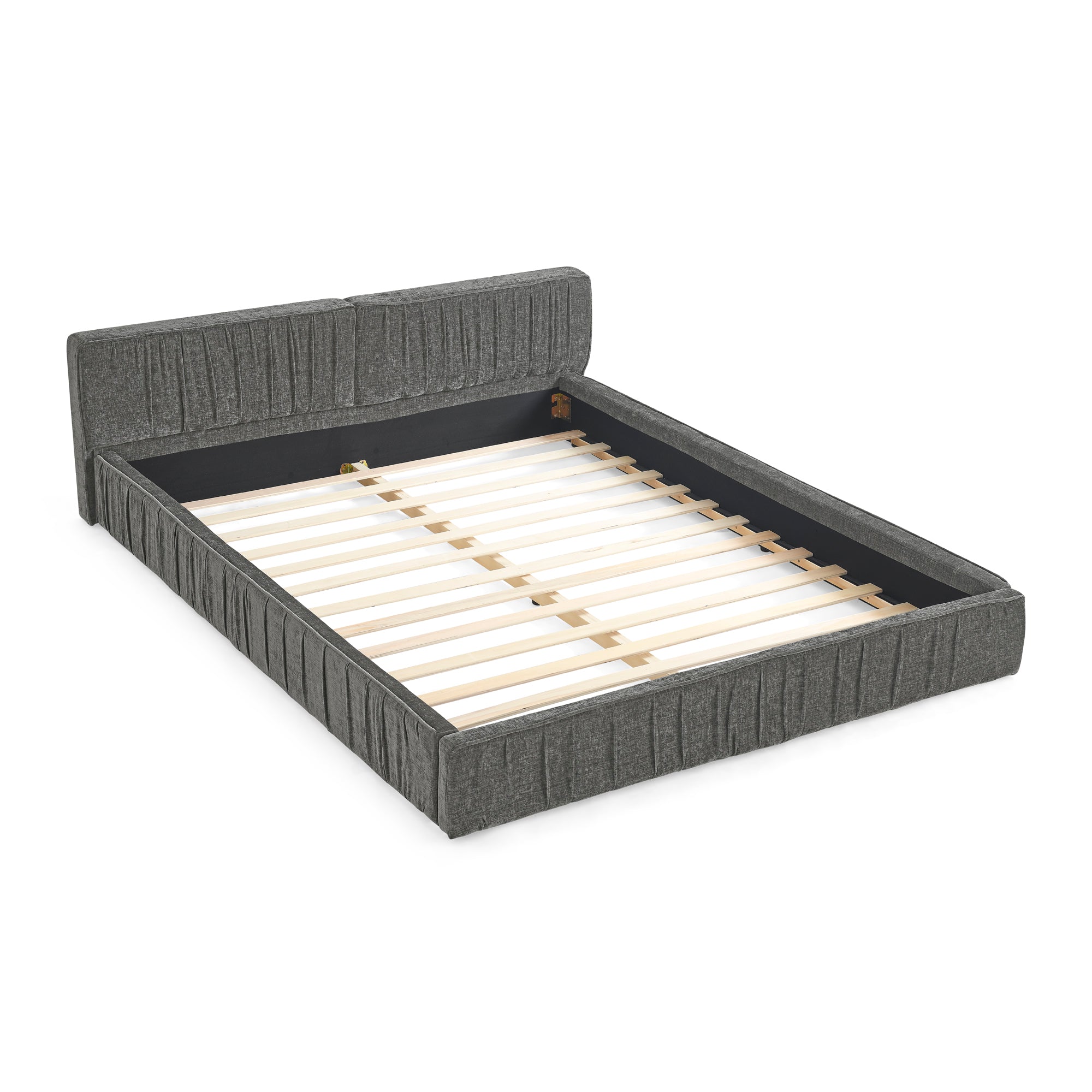 The large grey padded bed frame is designed with Chenille fabric