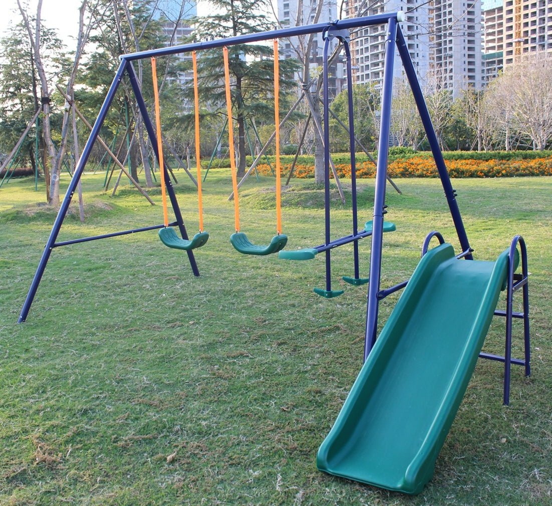 A - Frame Metal Swing Set w/ Slide (Blue, Green, Orange) - KiKiUMi