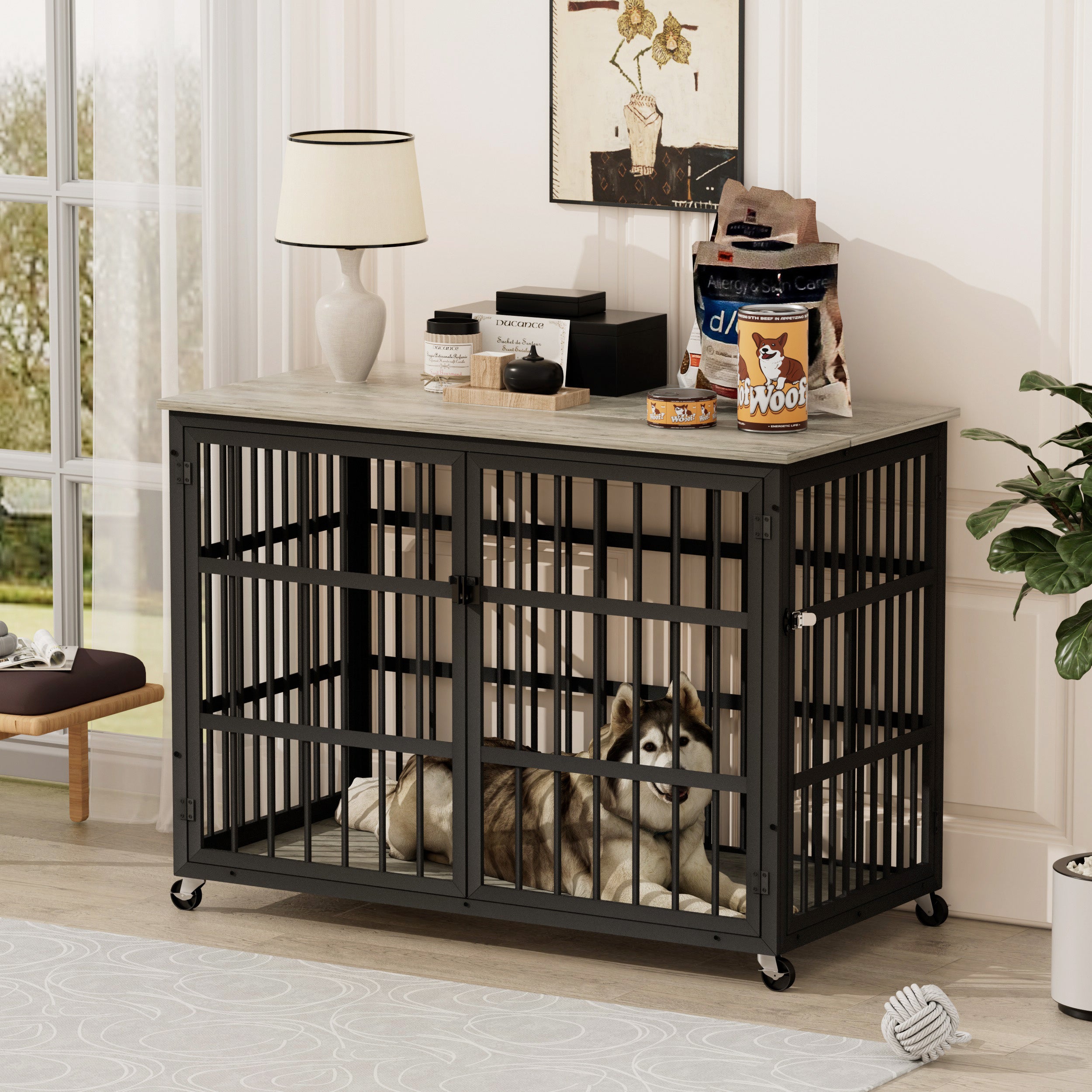 Grey furniture-style dog box with side openings