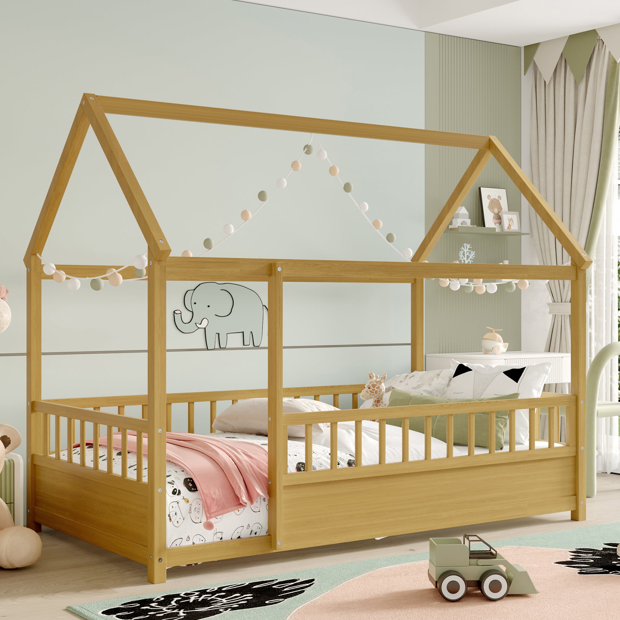 Natural double bed with a roof frame