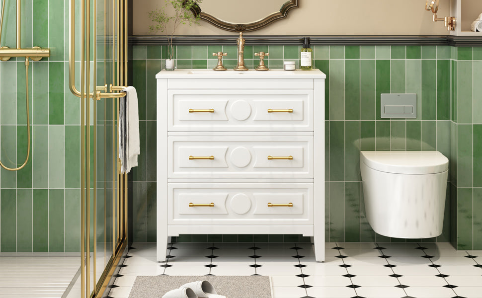 30 "Ceramic sink solid wood frame independent single dressing table set（white）