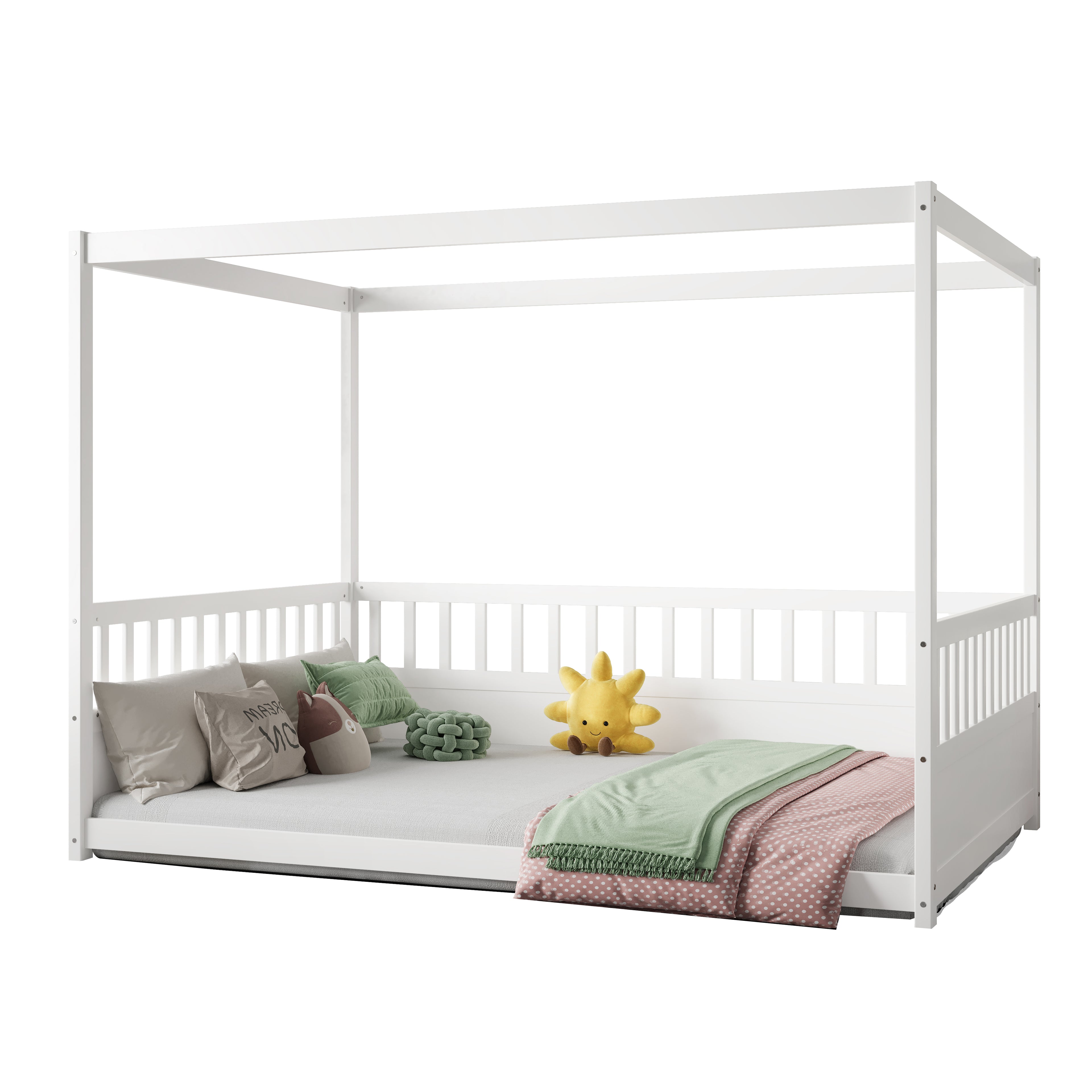 White children's Montessori floor bed, wooden canopy bed frame