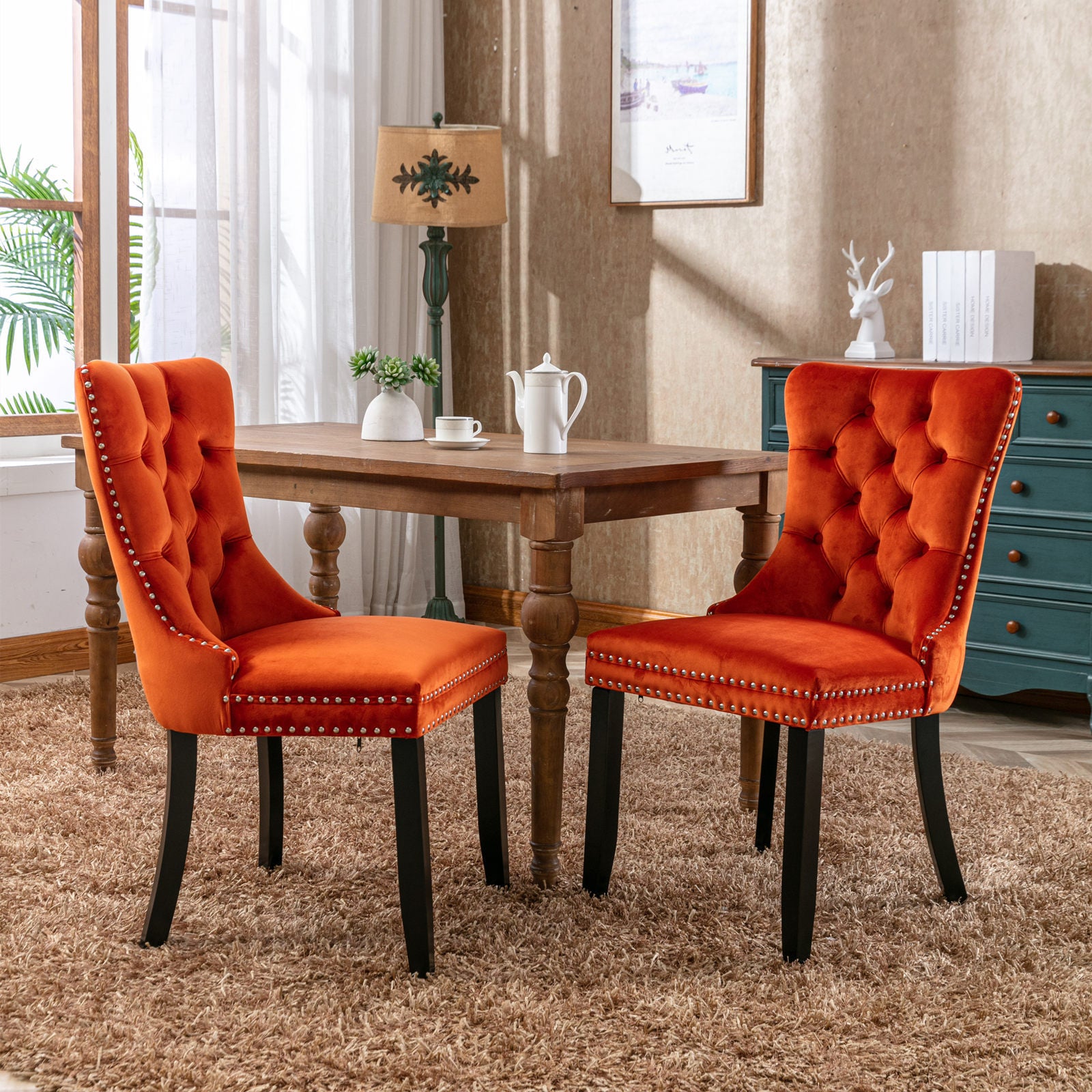 Two velvet cushioned bar stools (orange)
