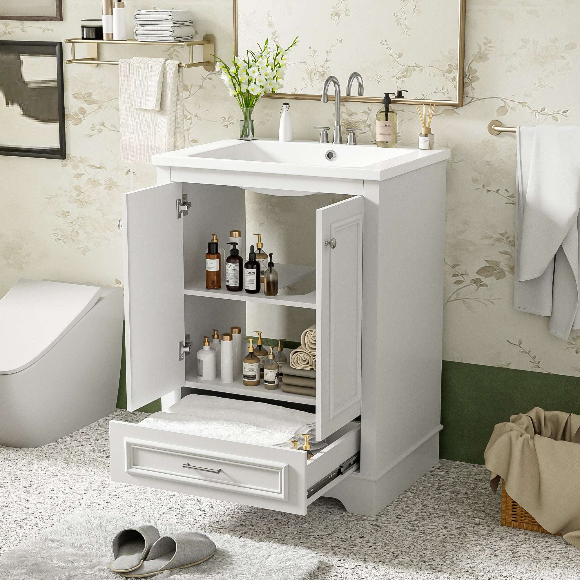 24-inch ceramic sink bathroom dressing table, modern standalone storage cabinet(white)