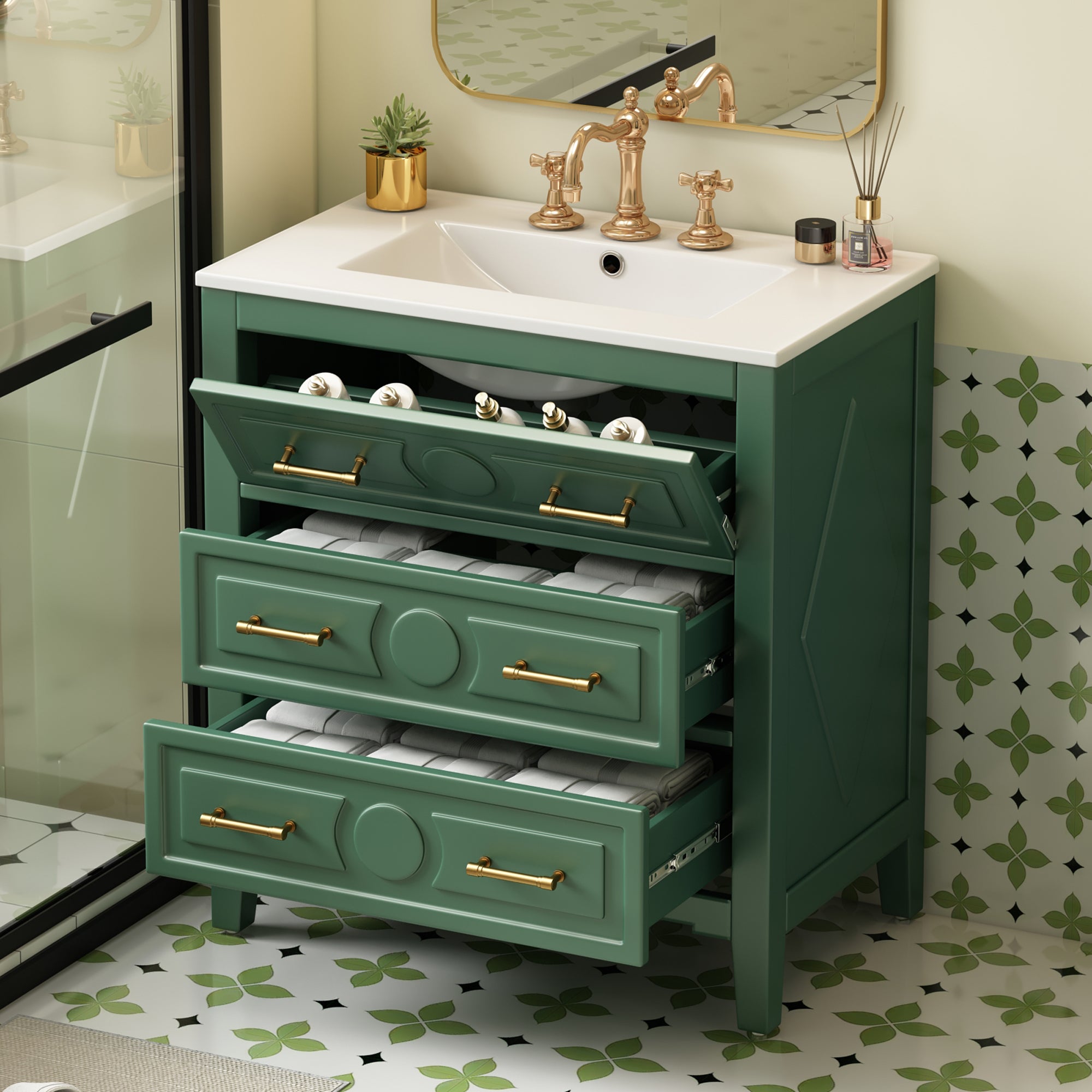 30 "Ceramic sink solid wood frame independent single dressing table set(green)