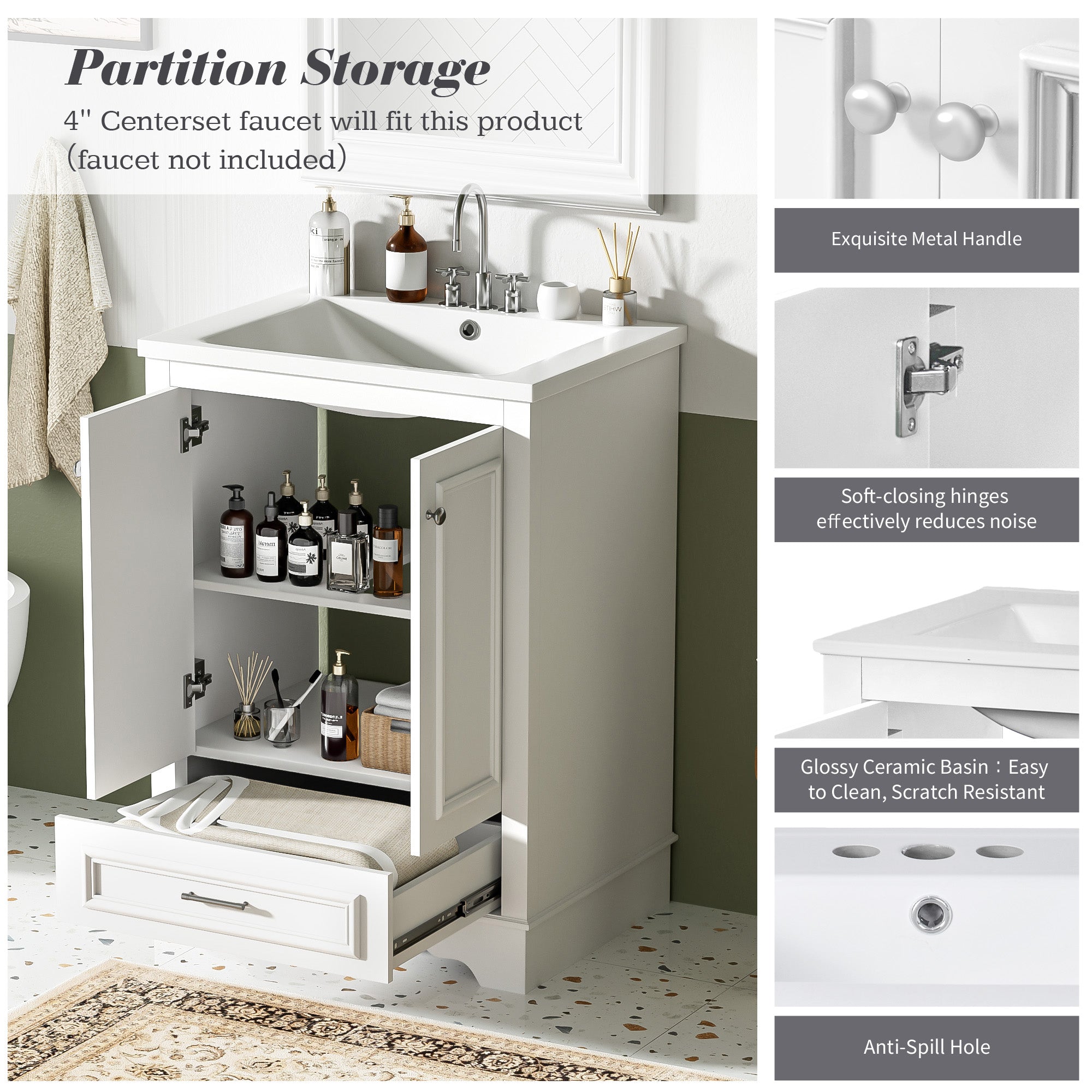 24-inch ceramic sink bathroom dressing table, modern standalone storage cabinet(white)