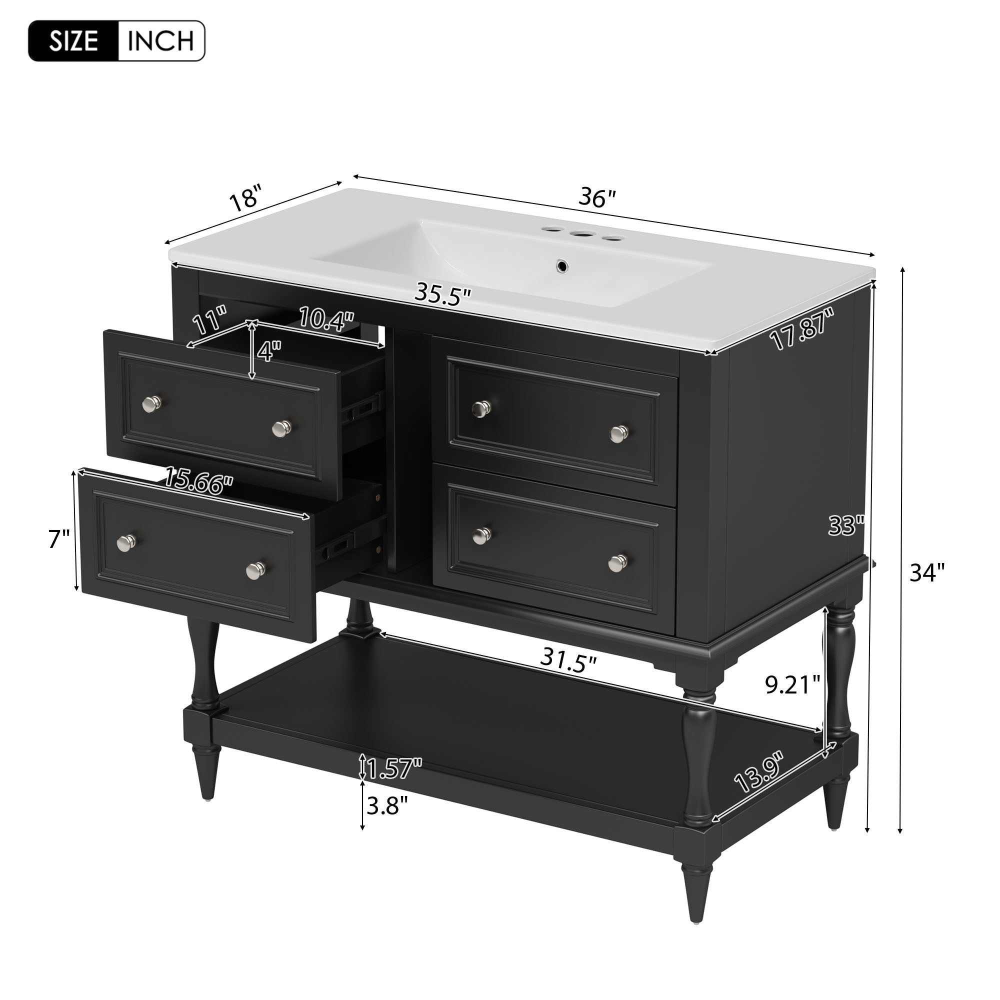 36' Solid Wood Frame Independent Dressing Table Set (black)