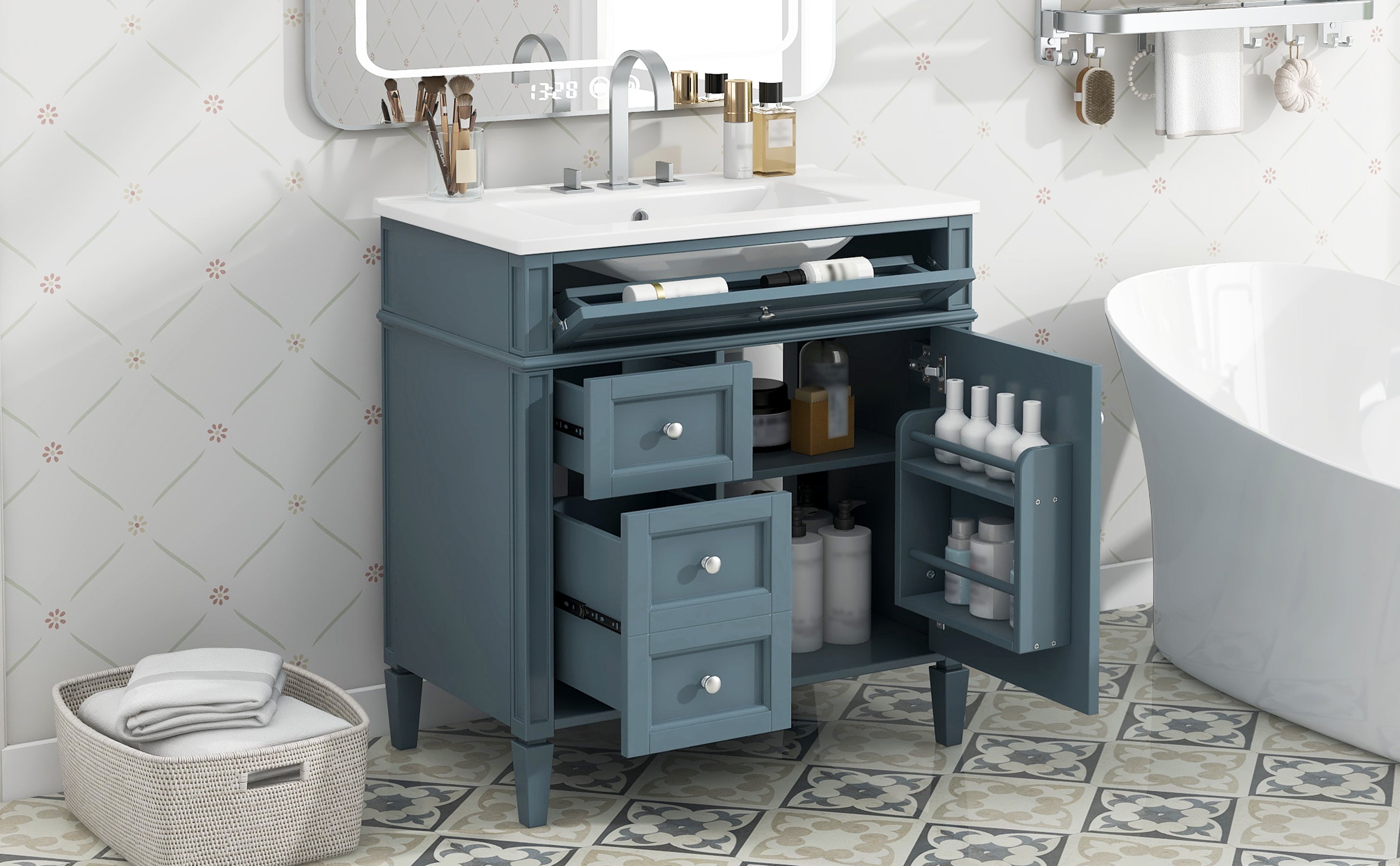 30 "Single sink bathroom dressing table, modern bathroom storage cabinet(blue)
