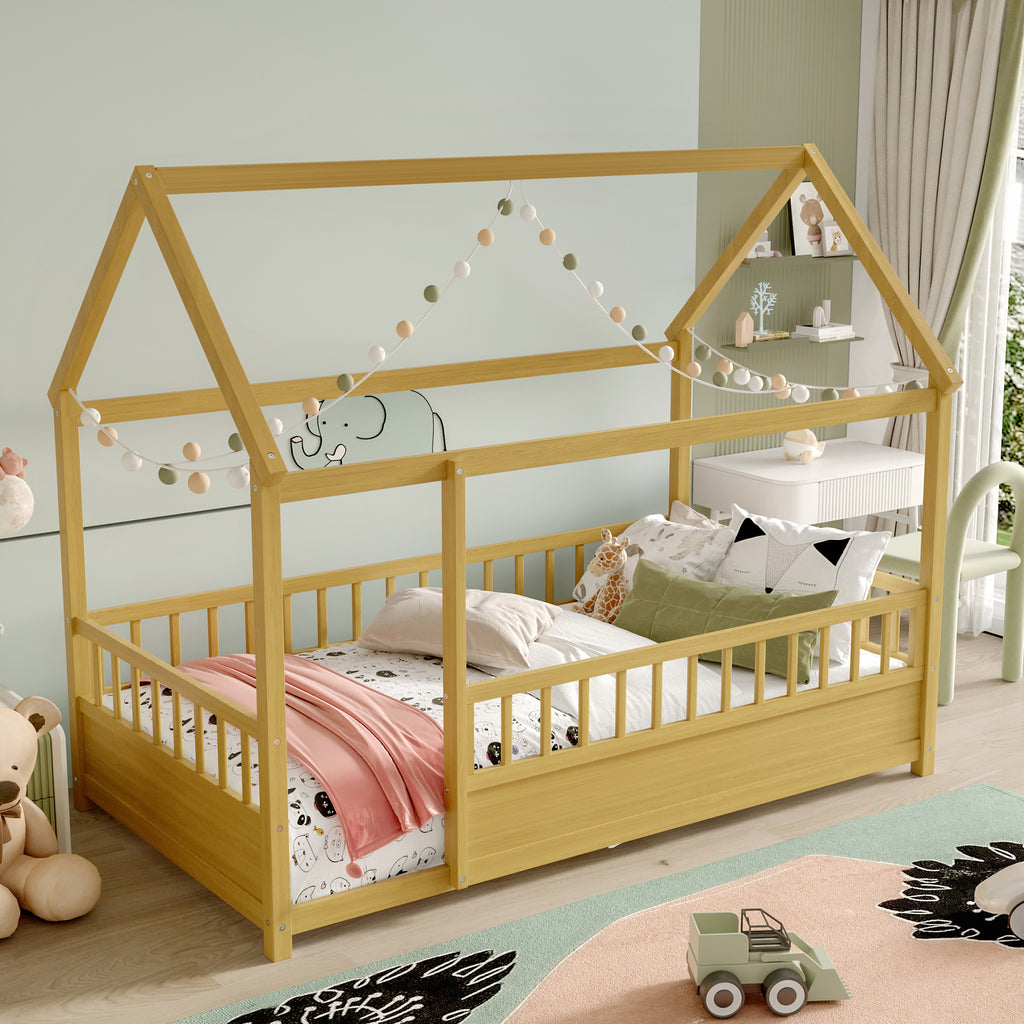 Natural double bed with a roof frame