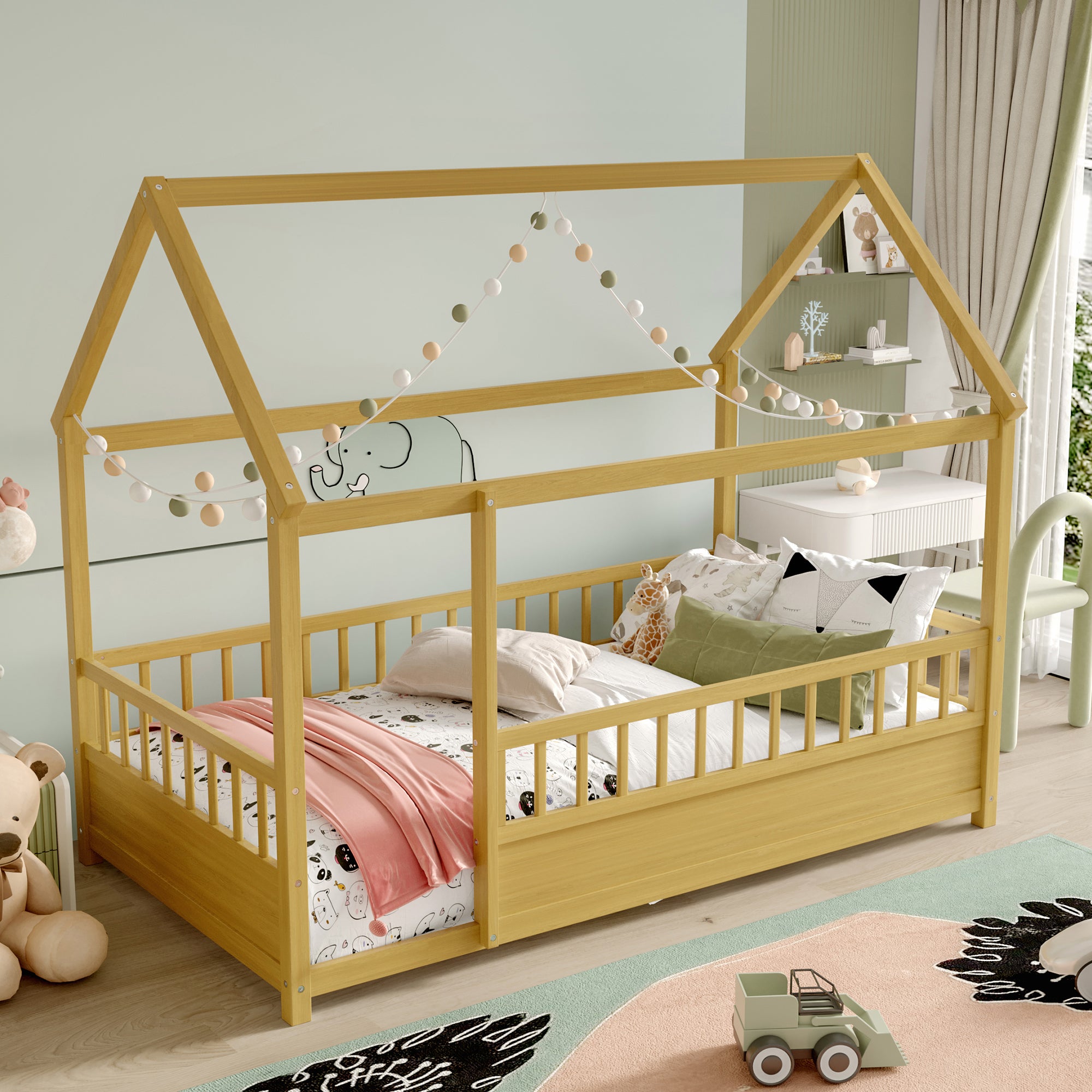 Natural double bed with a roof frame