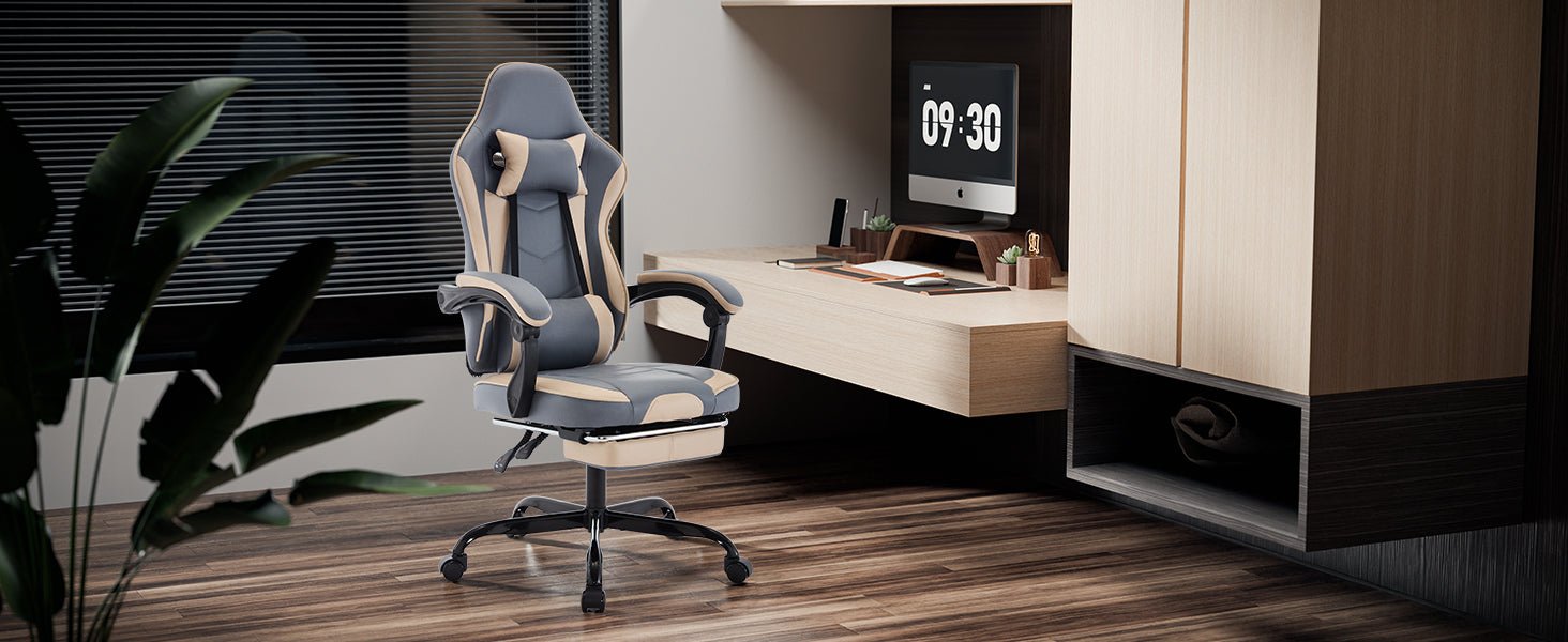 Adjustable ergonomic game chair, footstool and massage waist support（beige+blue） - KiKiUMi