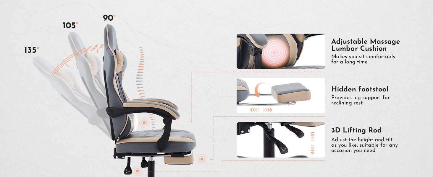 Adjustable ergonomic game chair, footstool and massage waist support（beige+blue） - KiKiUMi
