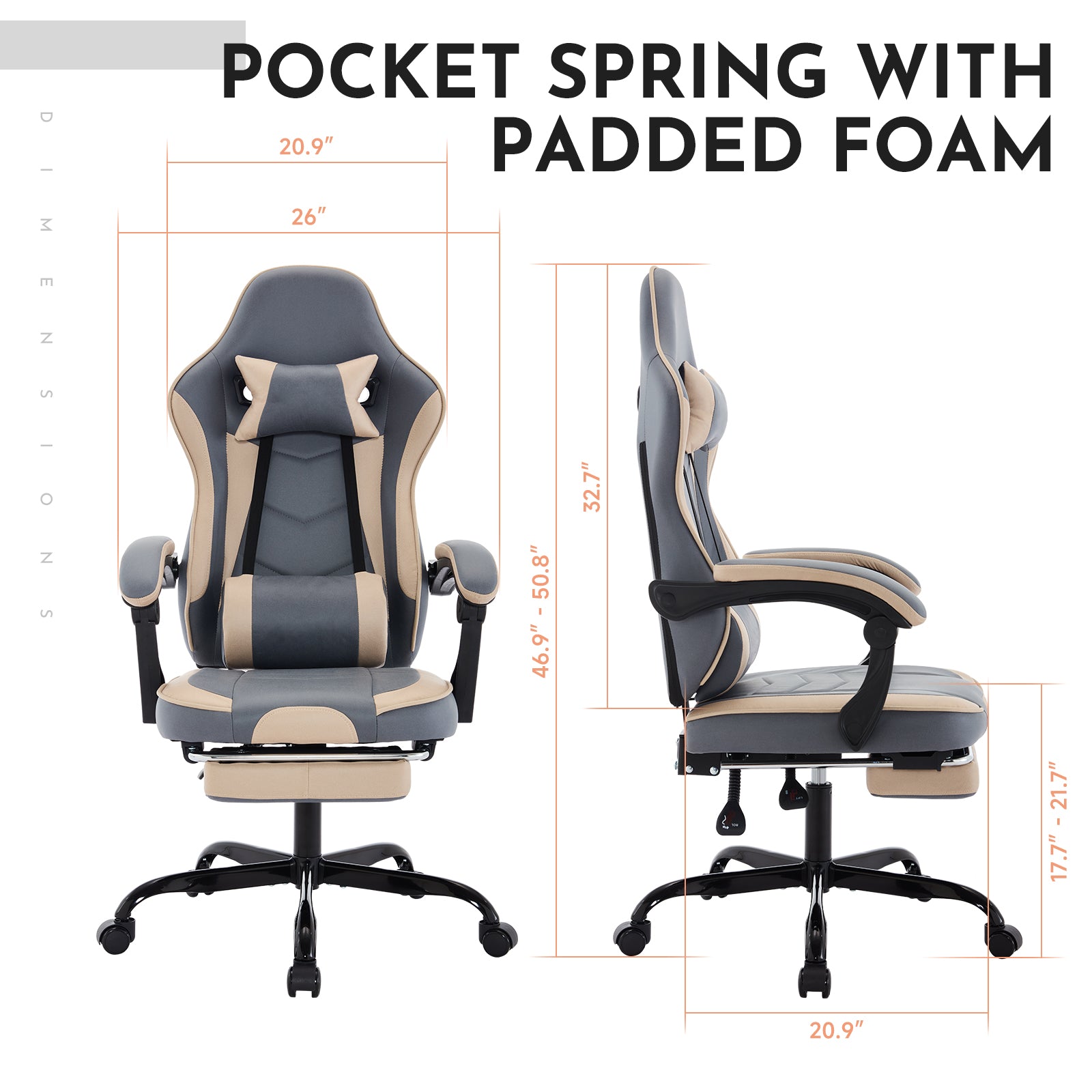 Adjustable ergonomic game chair, footstool and massage waist support（beige+blue） - KiKiUMi