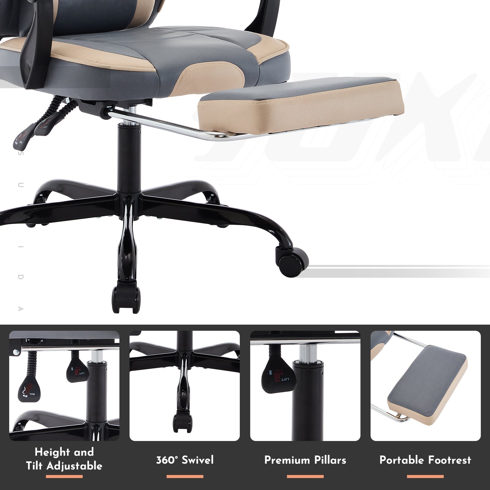 Adjustable ergonomic game chair, footstool and massage waist support（beige+blue） - KiKiUMi