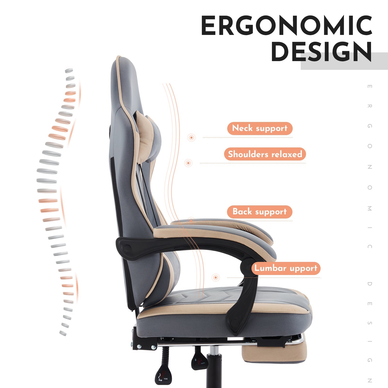 Adjustable ergonomic game chair, footstool and massage waist support（beige+blue） - KiKiUMi