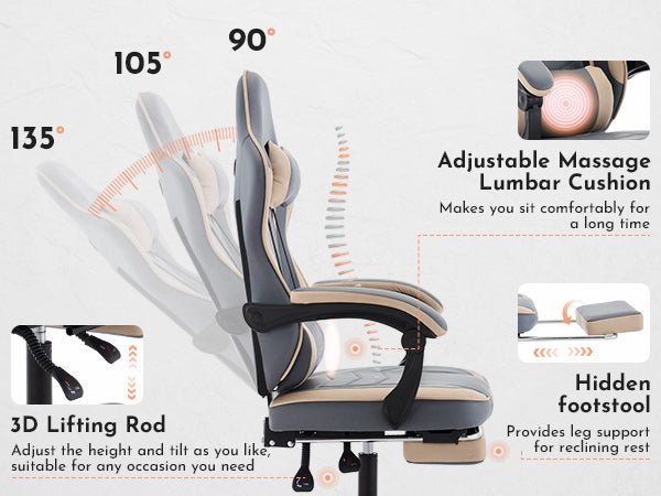Adjustable ergonomic game chair, footstool and massage waist support（beige+blue） - KiKiUMi