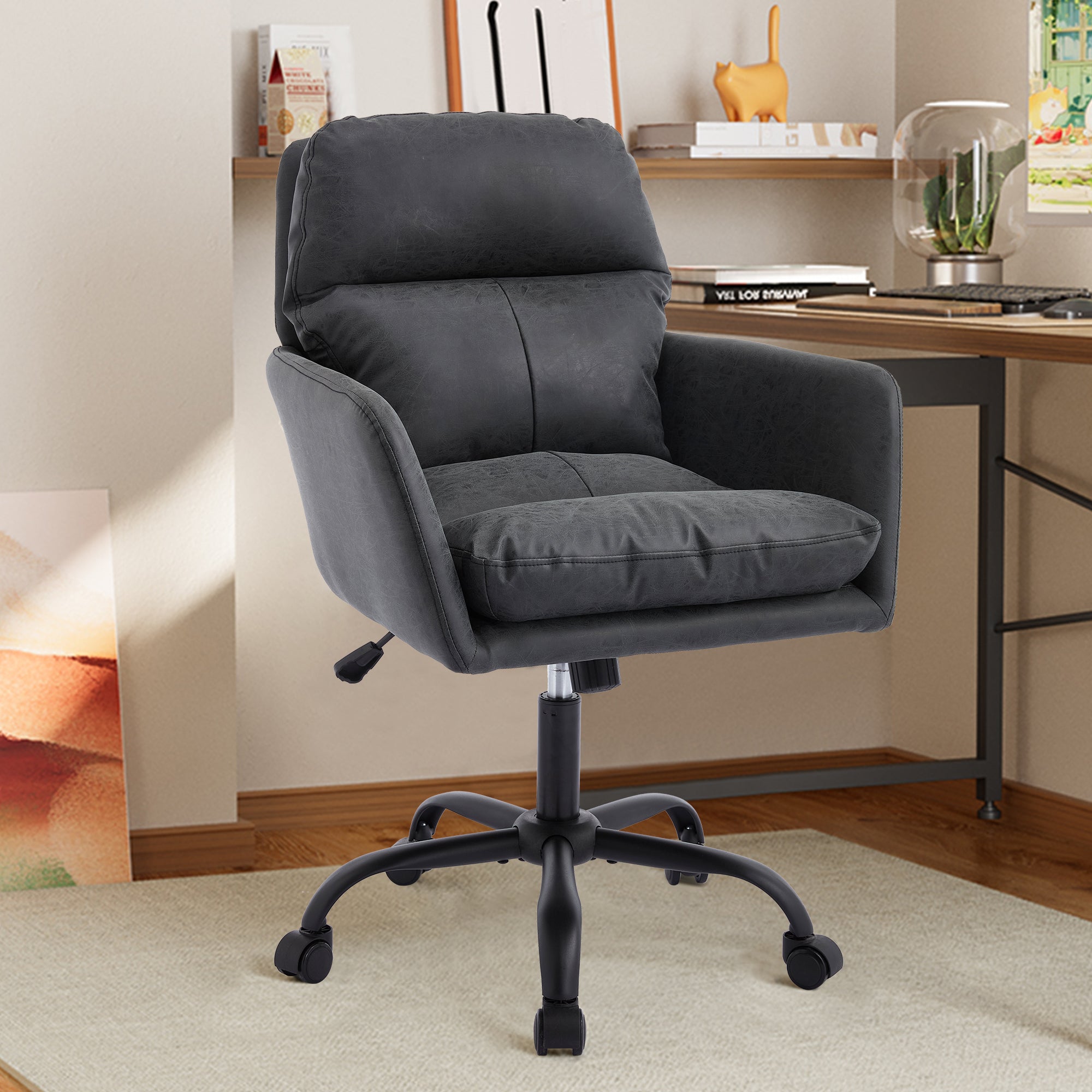 Adjustable ergonomic leather swivel chair（black） - KiKiUMi