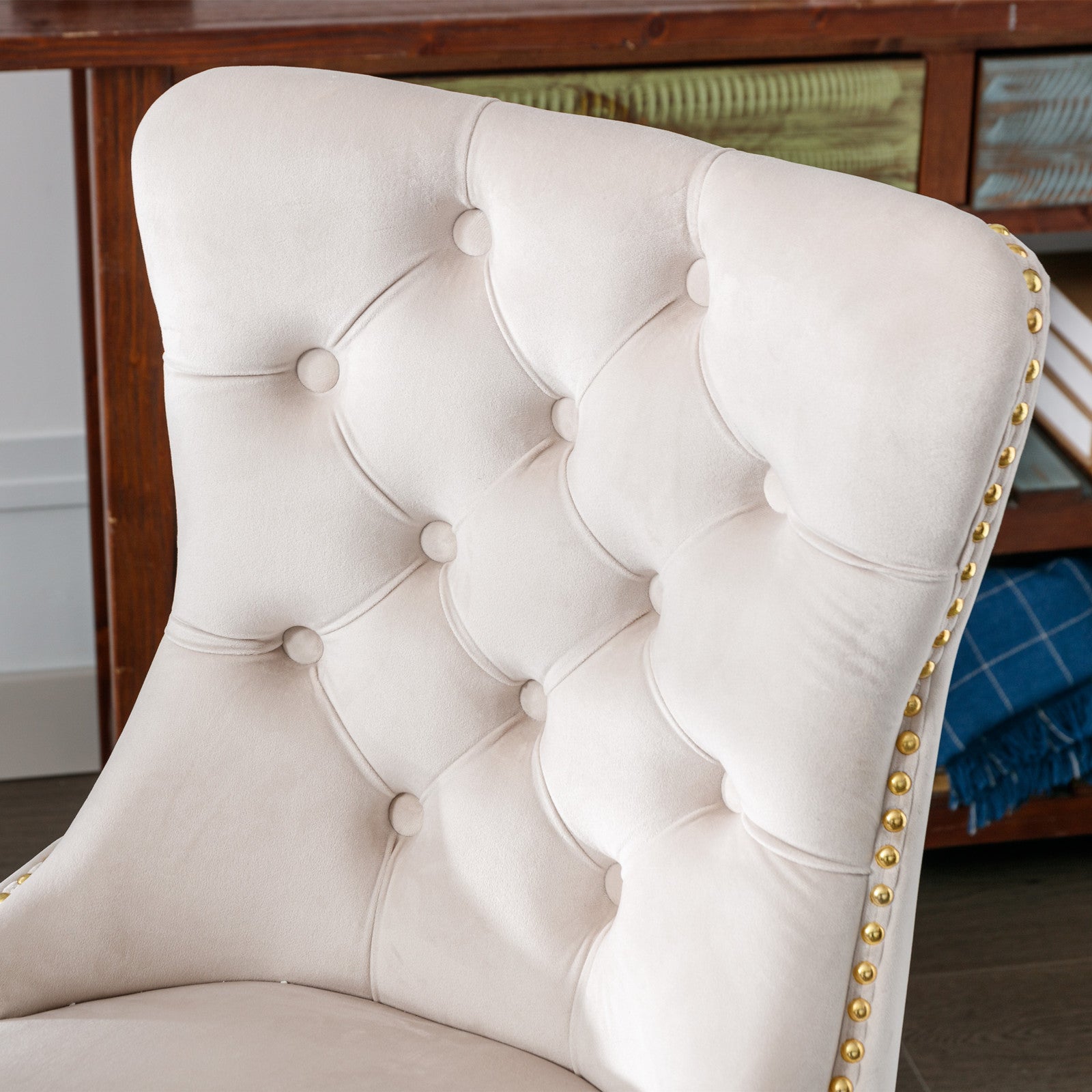 Adjustable modern velvet soft cushion velvet - button home office chair(beige) - KiKiUMi