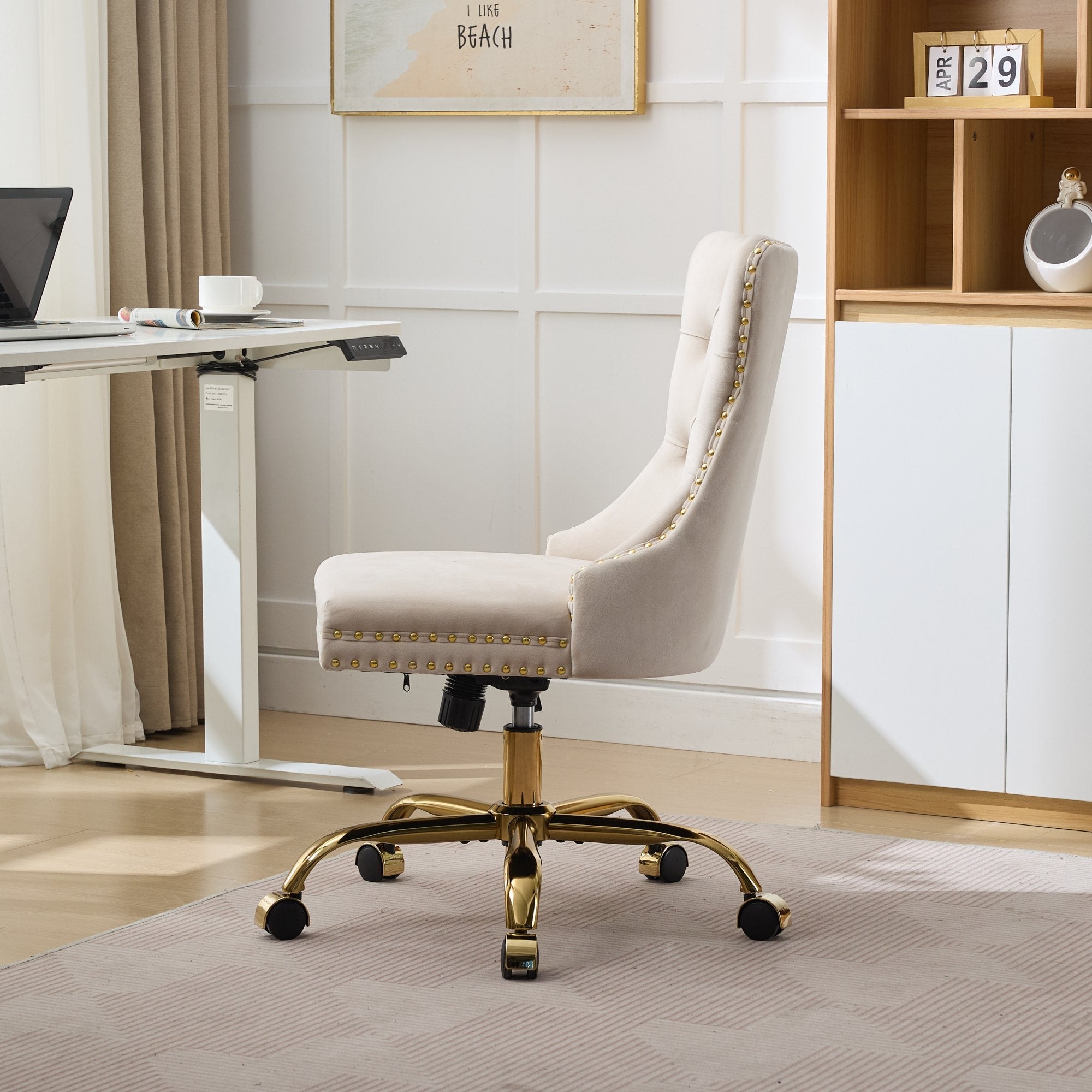 Adjustable modern velvet soft cushion velvet - button home office chairbeige) - KiKiUMi