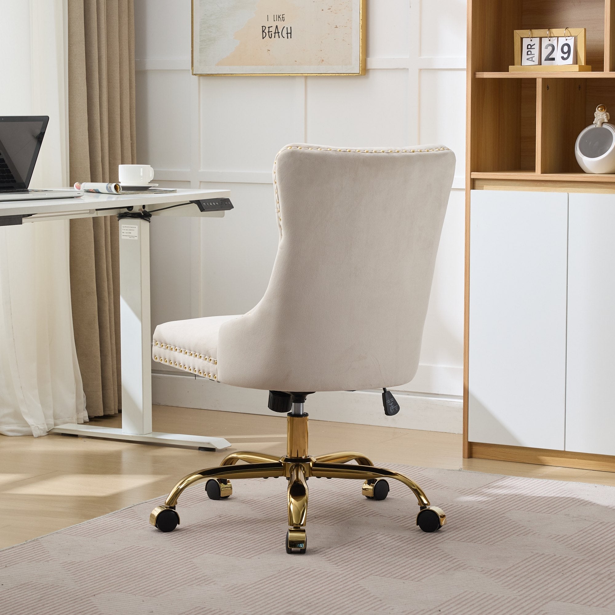 Adjustable modern velvet soft cushion velvet - button home office chairbeige) - KiKiUMi