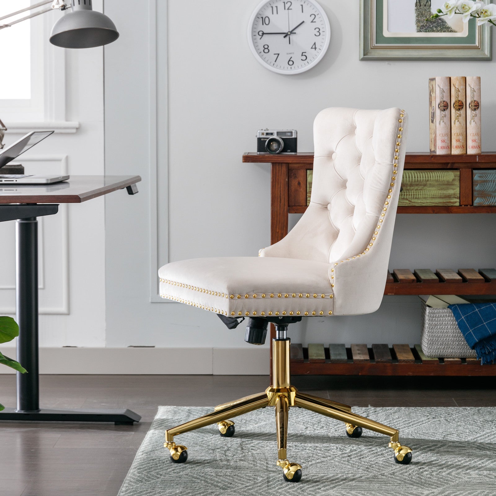 Adjustable modern velvet soft cushion velvet - button home office chair(beige) - KiKiUMi