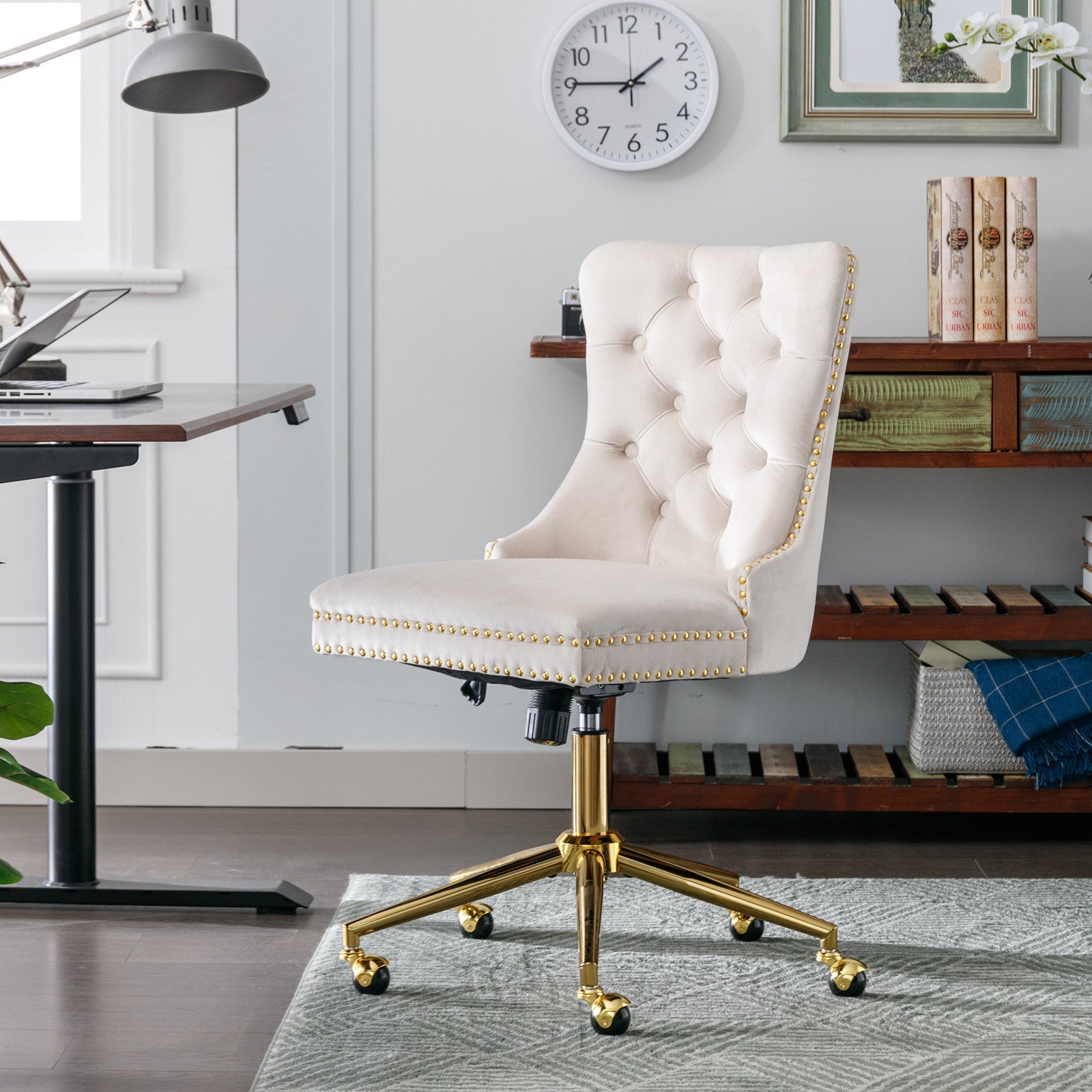 Adjustable modern velvet soft cushion velvet - button home office chair(beige) - KiKiUMi