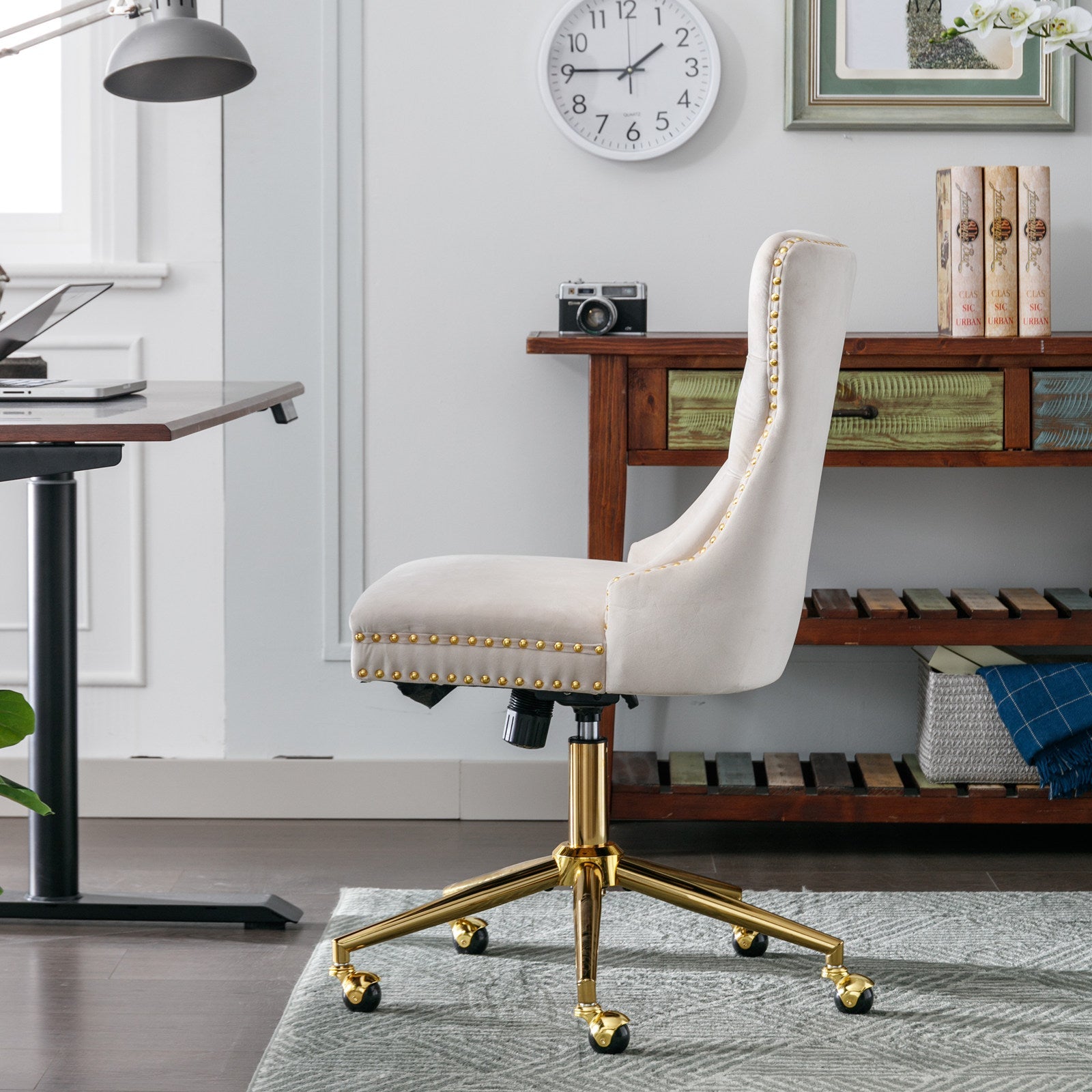 Adjustable modern velvet soft cushion velvet - button home office chair(beige) - KiKiUMi