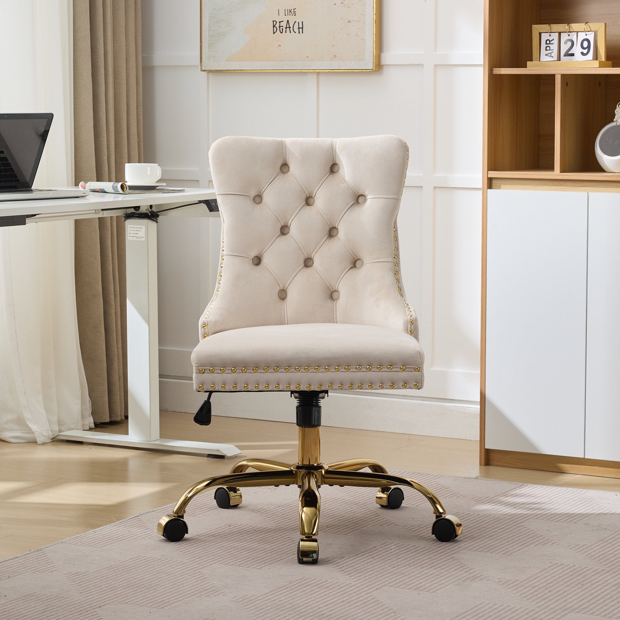 Adjustable modern velvet soft cushion velvet - button home office chairbeige) - KiKiUMi