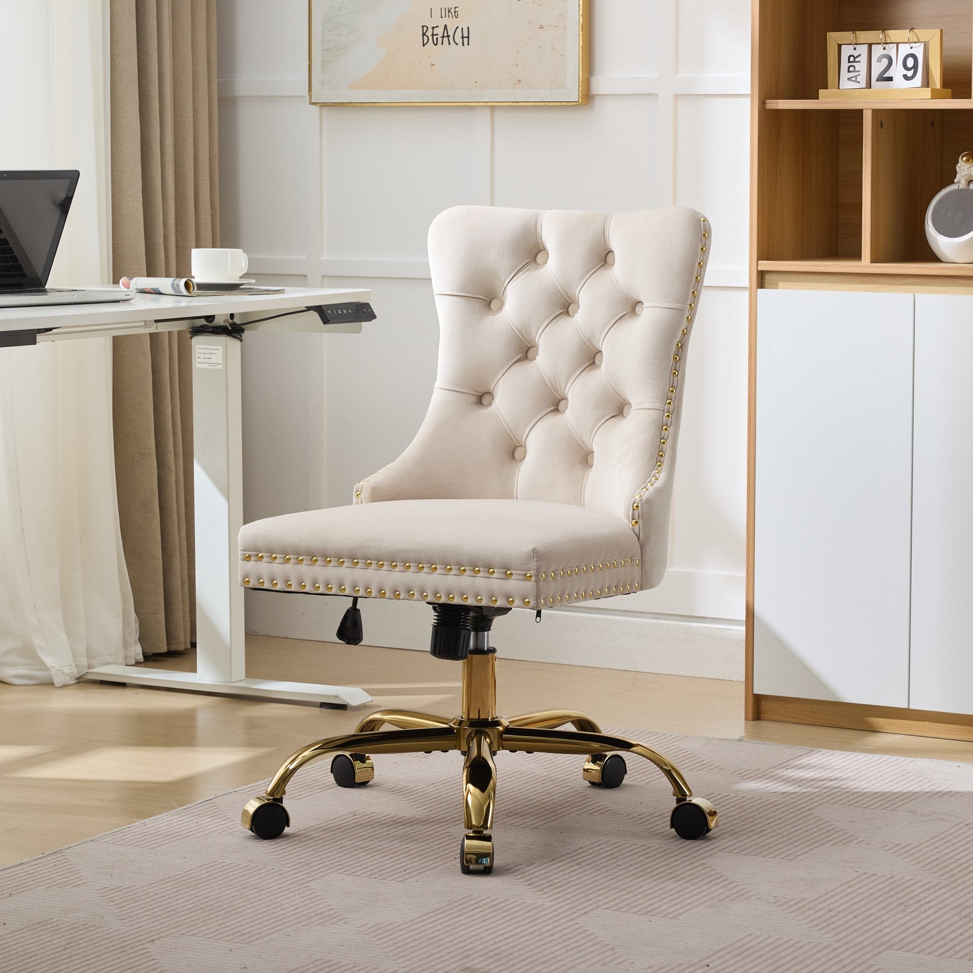 Adjustable modern velvet soft cushion velvet - button home office chairbeige) - KiKiUMi