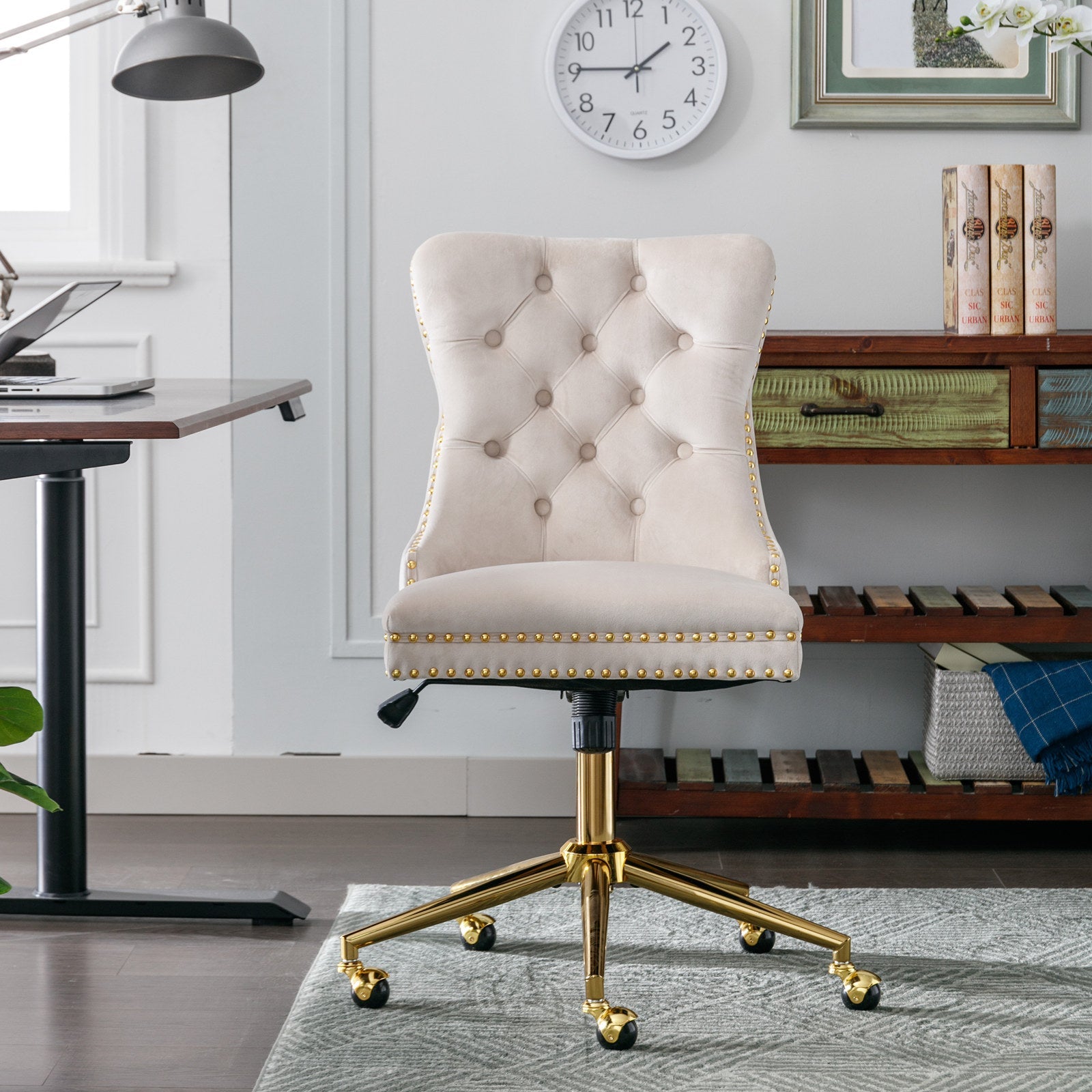 Adjustable modern velvet soft cushion velvet - button home office chair(beige) - KiKiUMi