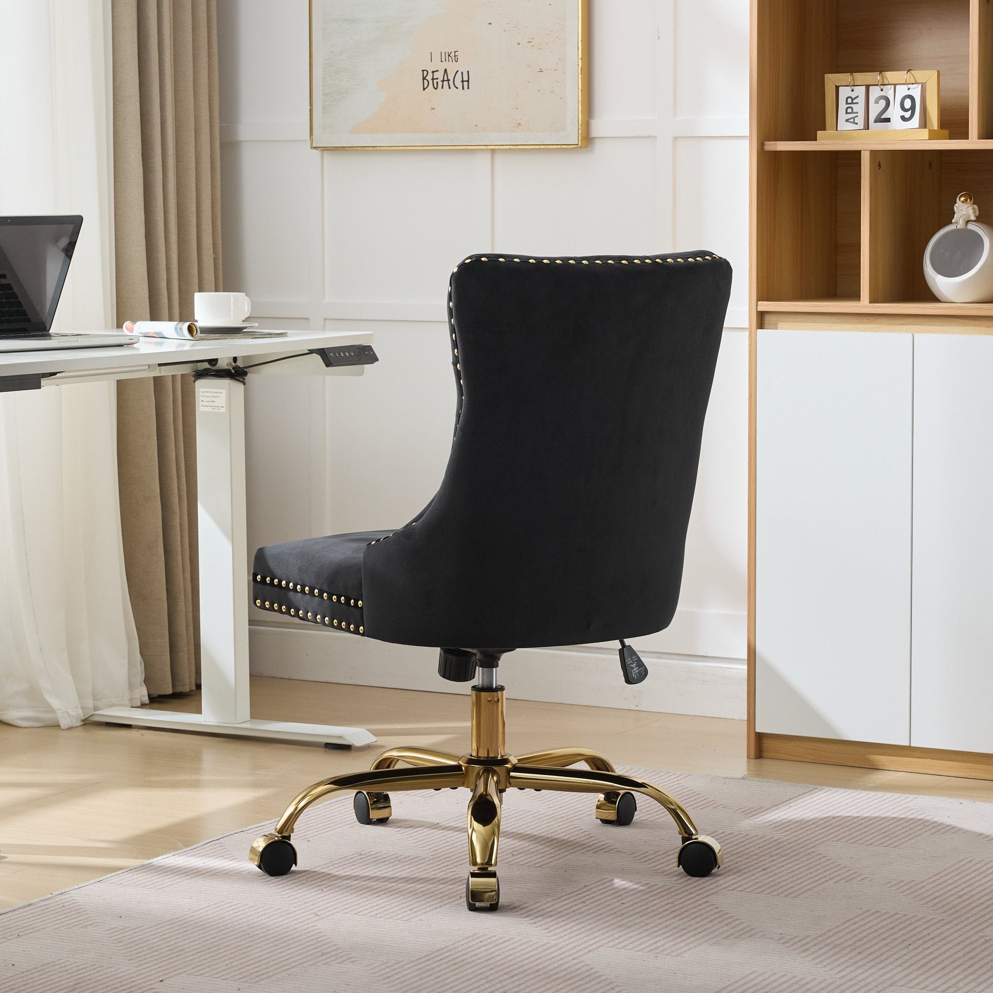 Adjustable modern velvet soft cushion velvet - button home office chair(black) - KiKiUMi