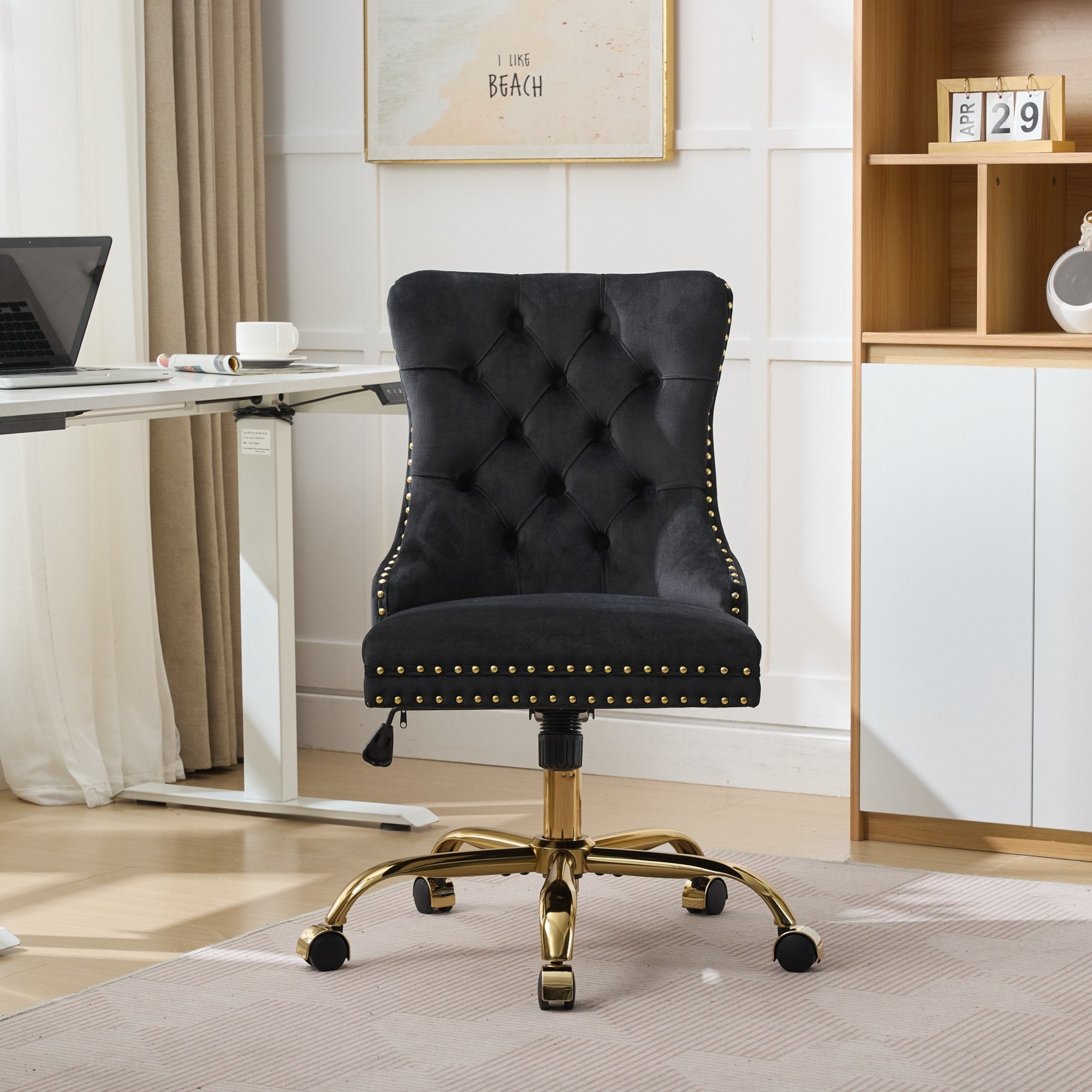 Adjustable modern velvet soft cushion velvet - button home office chair(black) - KiKiUMi