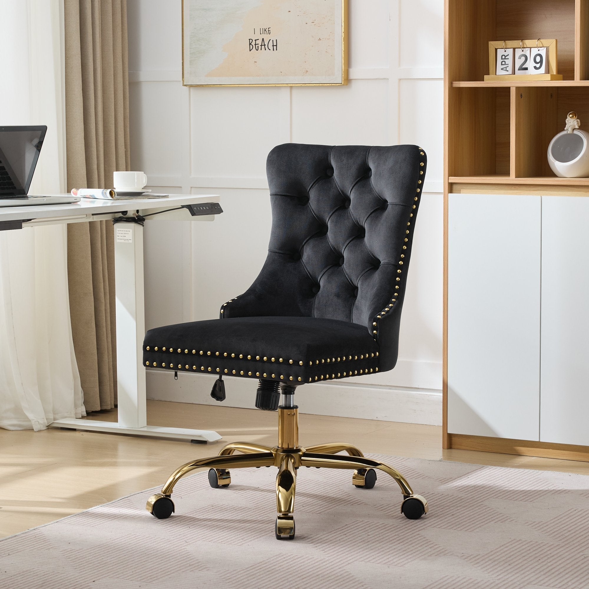 Adjustable modern velvet soft cushion velvet - button home office chair(black) - KiKiUMi