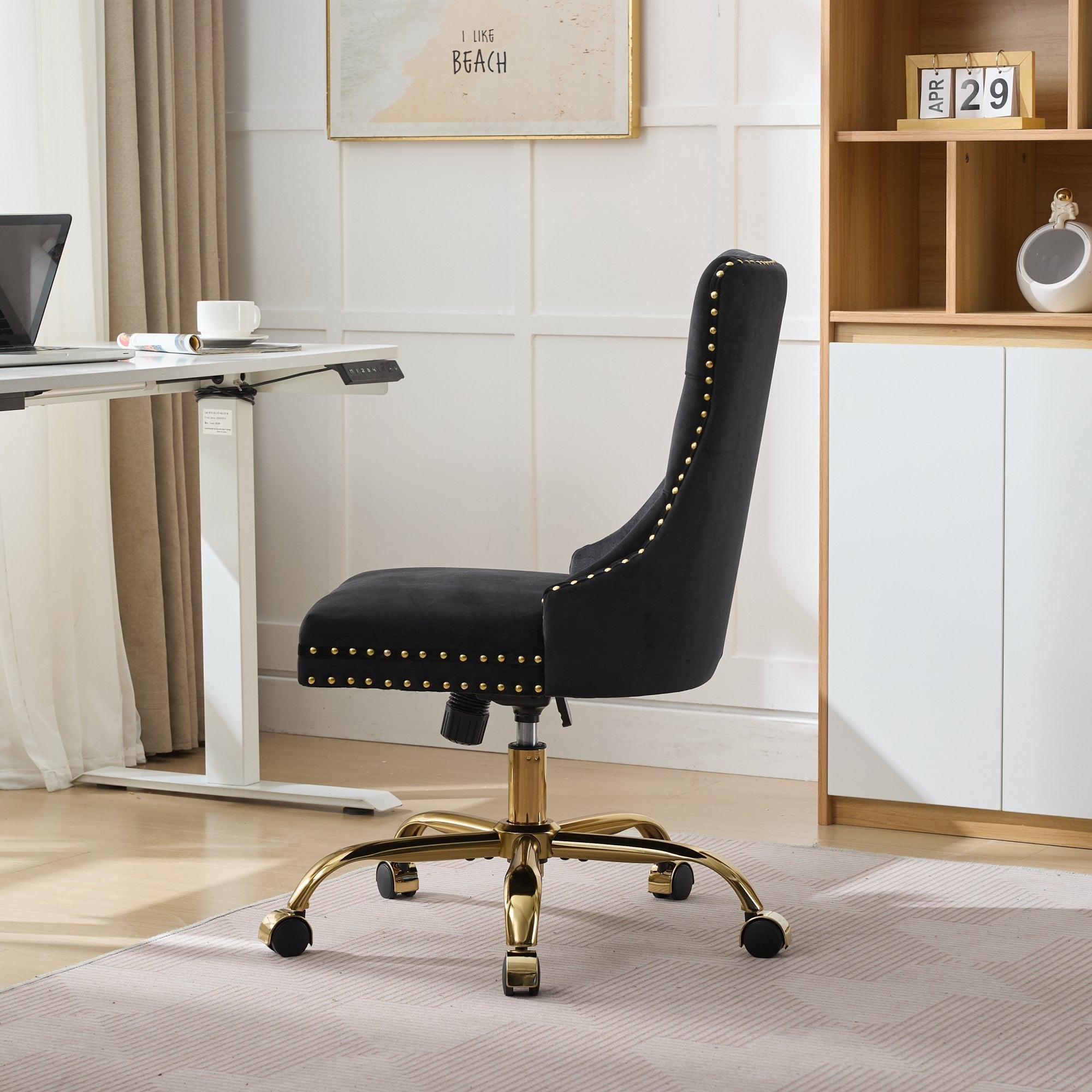 Adjustable modern velvet soft cushion velvet - button home office chair(black) - KiKiUMi