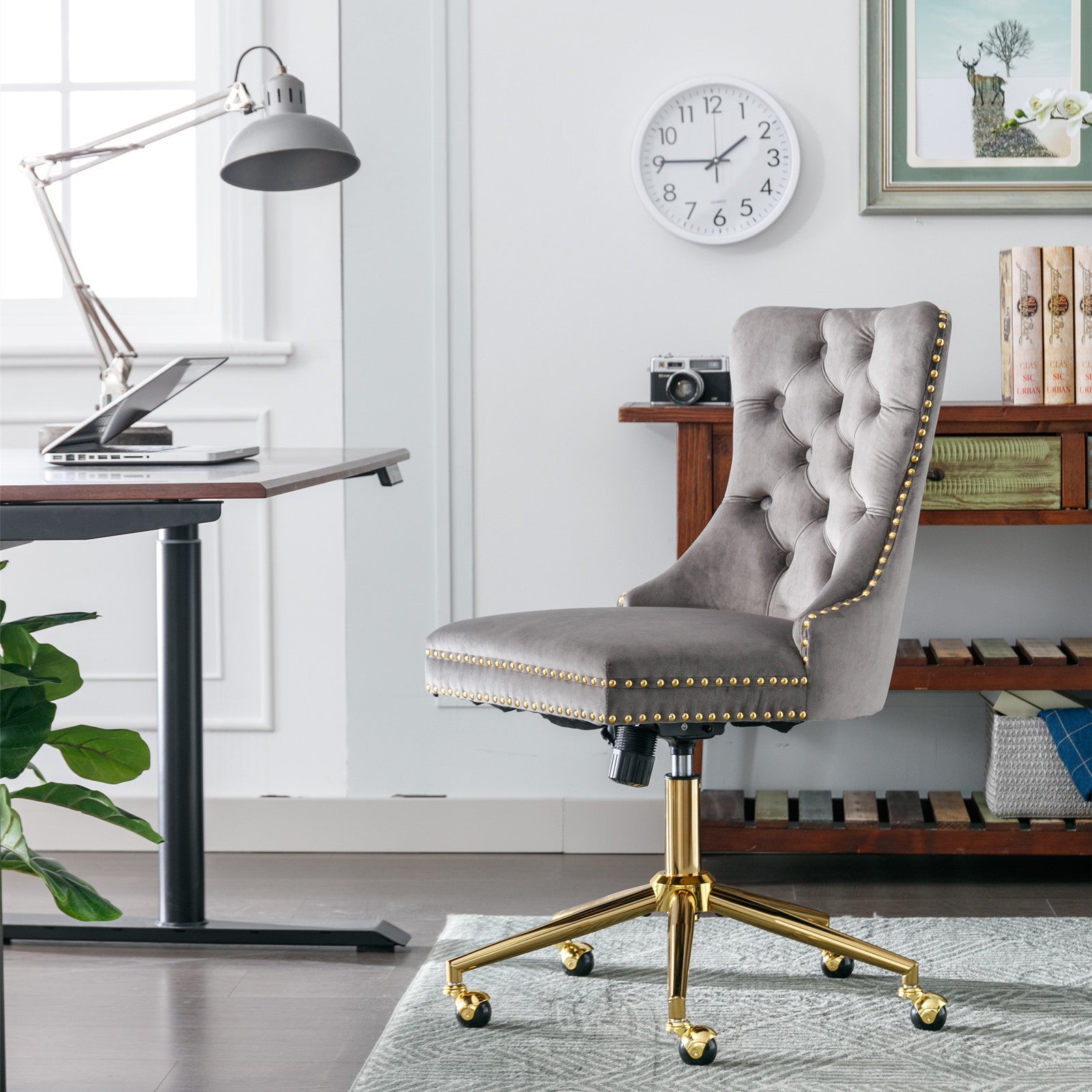 Adjustable modern velvet soft cushion velvet - button home office chair(gray) - KiKiUMi