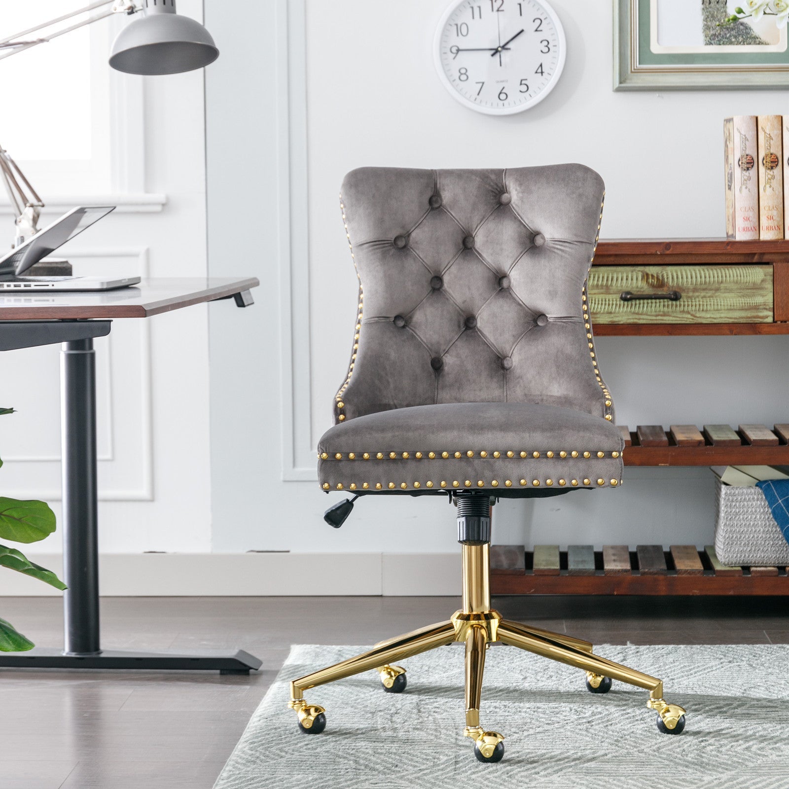 Adjustable modern velvet soft cushion velvet - button home office chair(gray) - KiKiUMi