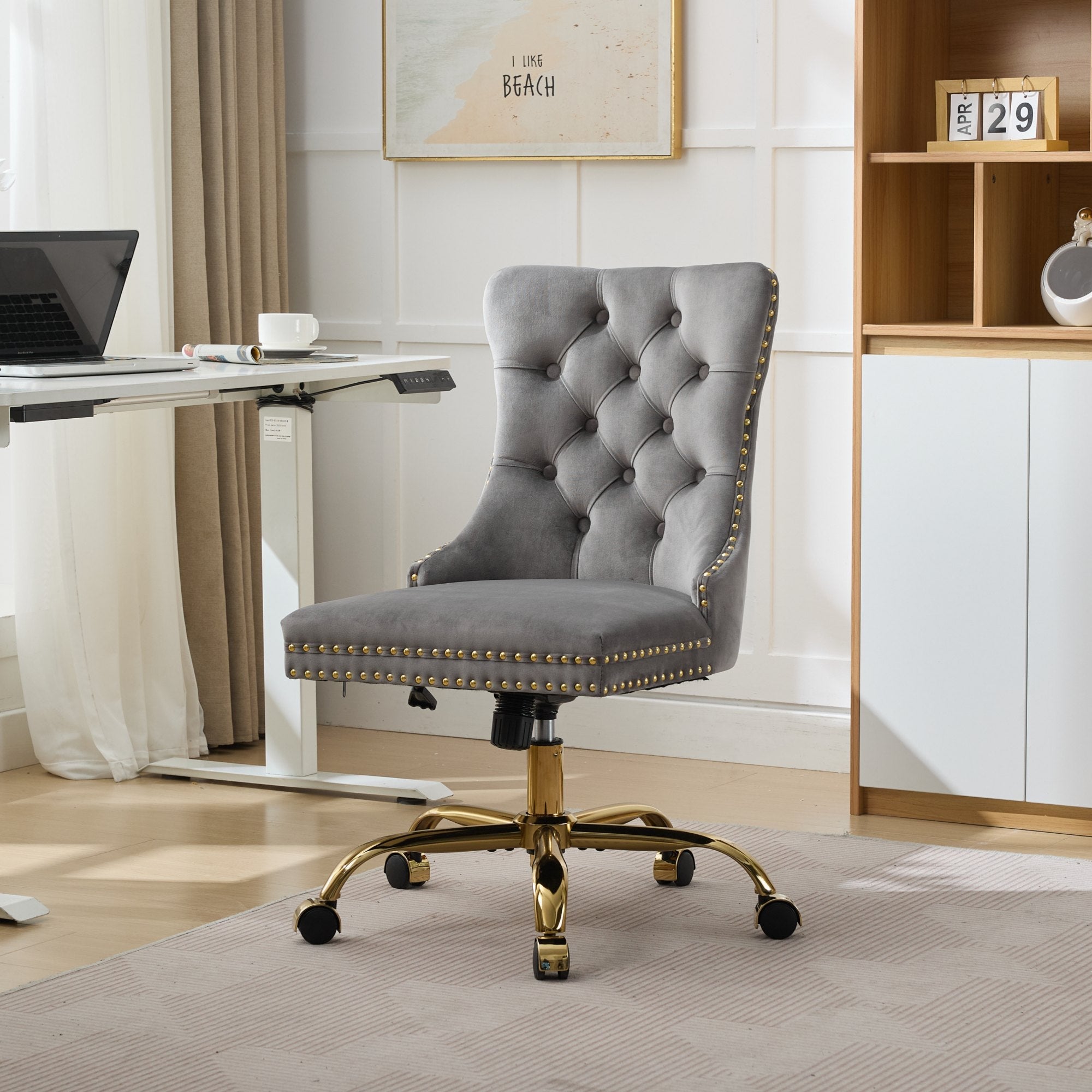 Adjustable modern velvet soft cushion velvet - button home office chair(gray) - KiKiUMi