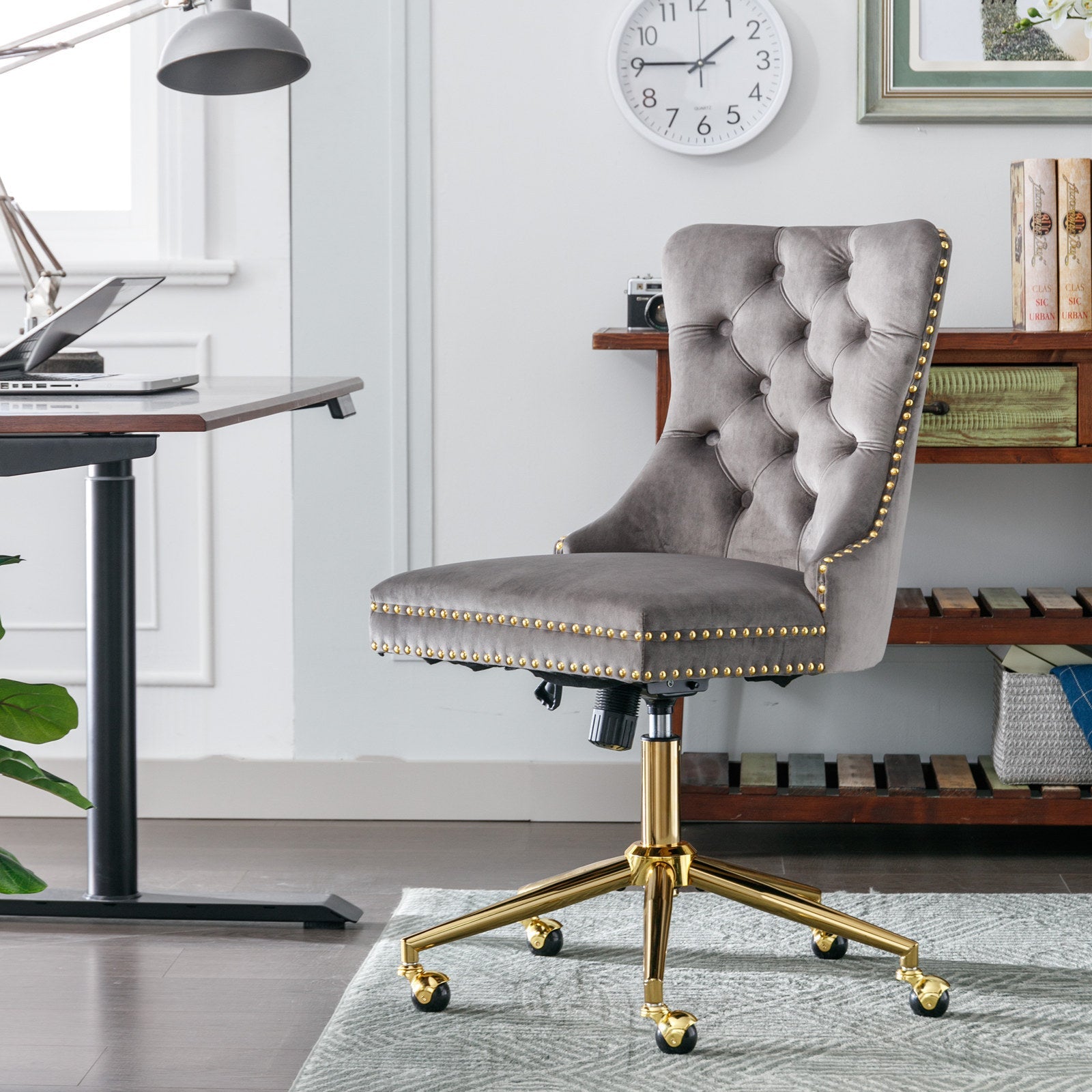Adjustable modern velvet soft cushion velvet - button home office chair(gray) - KiKiUMi