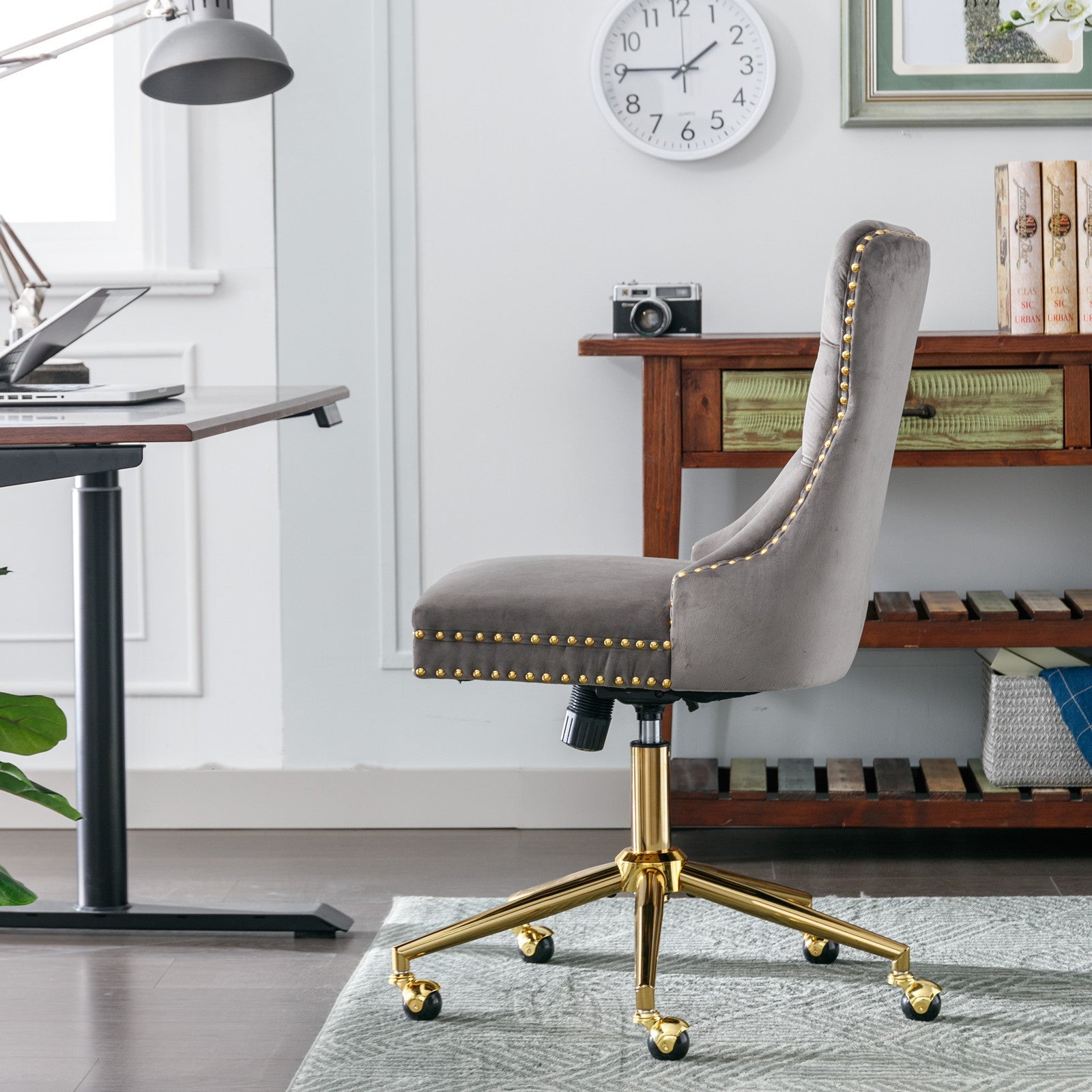Adjustable modern velvet soft cushion velvet - button home office chair(gray) - KiKiUMi