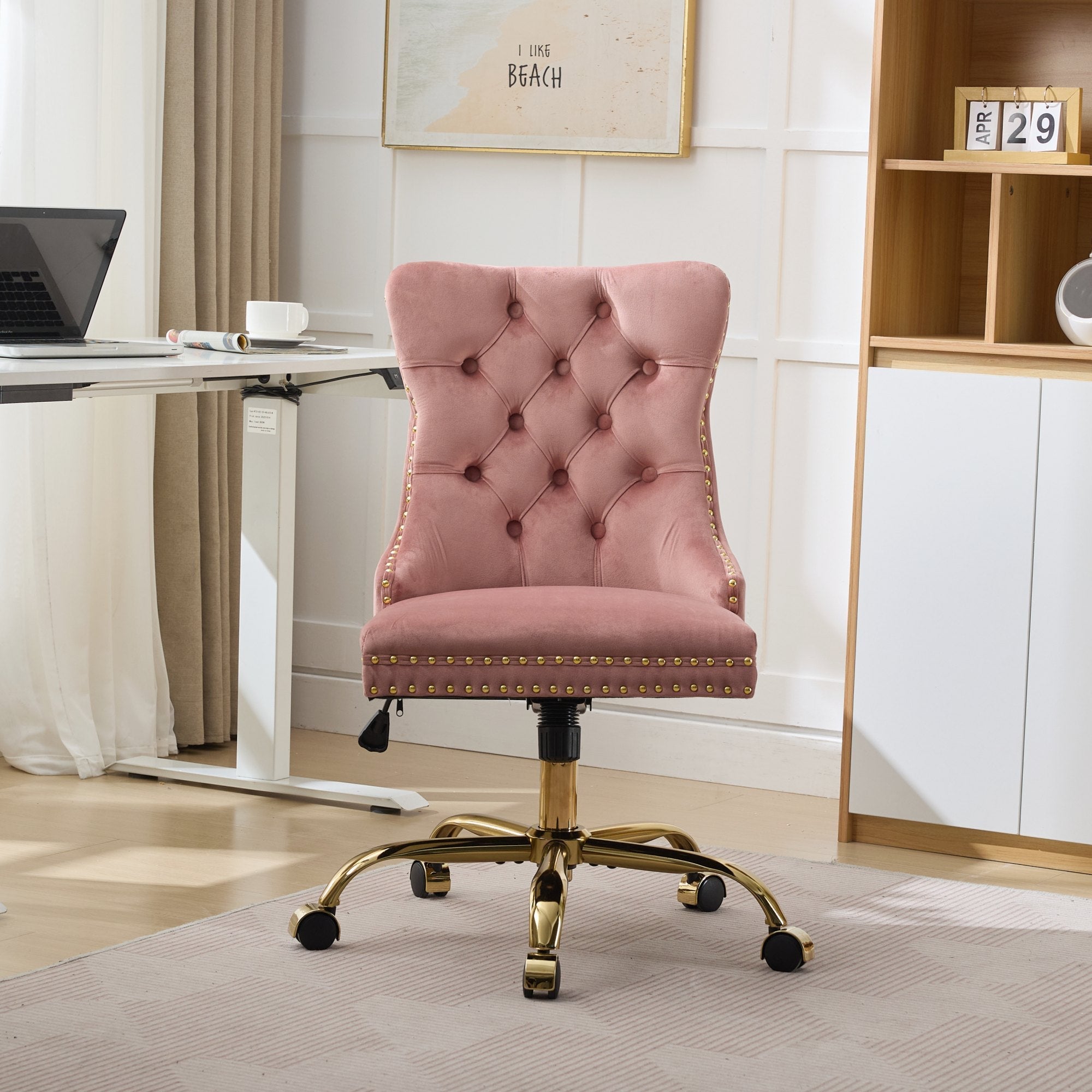 Adjustable modern velvet soft cushion velvet - button home office chair(pink) - KiKiUMi