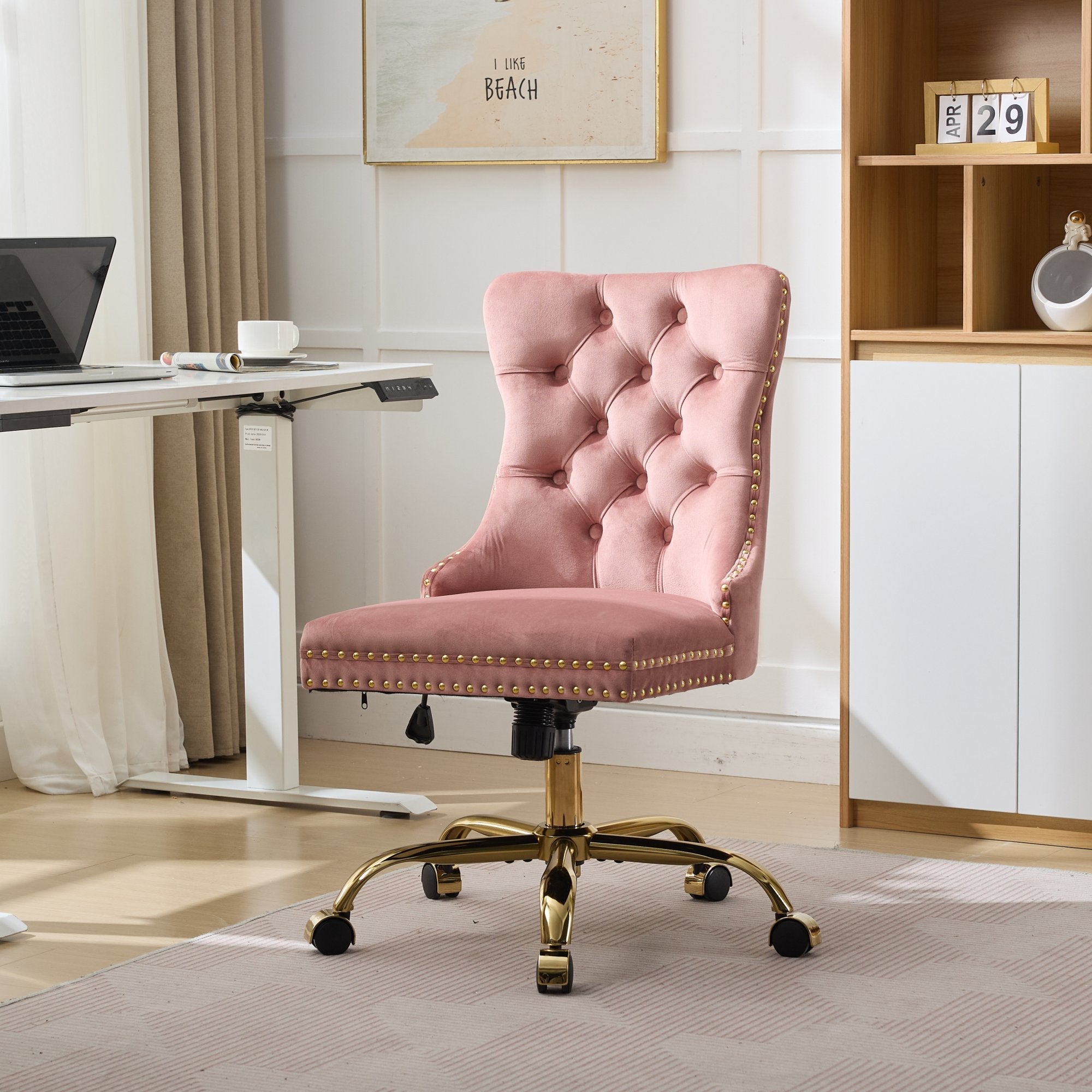 Adjustable modern velvet soft cushion velvet - button home office chair(pink) - KiKiUMi